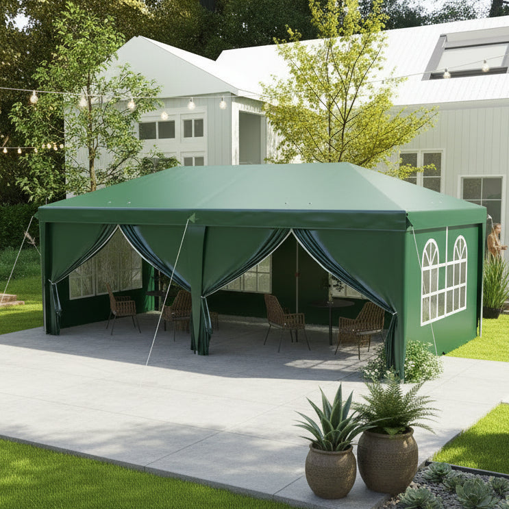 3 x 6 m Pop Up Gazebo with Sides and Windows, Height Adjustable Wedding Camping Party Tent Canopy Marquee with Storage Bag for Garden, Event, Green