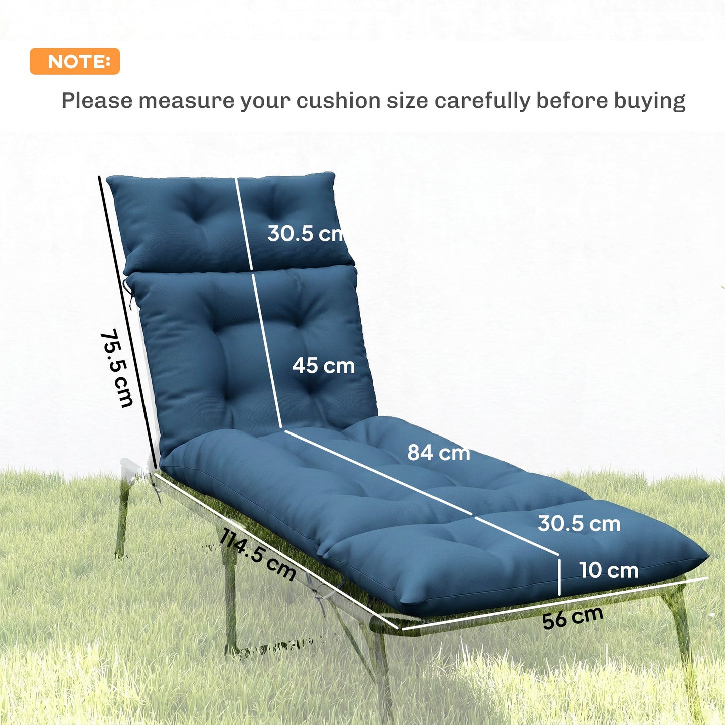 Sun Lounger Cushions Only, 190x56x10cm Garden Lounge Chair Cushions Set of 2, UPF20+ 220gsm Fabric, Thick Sunbed Replacement Pads with 6 Ties, Navy Blue