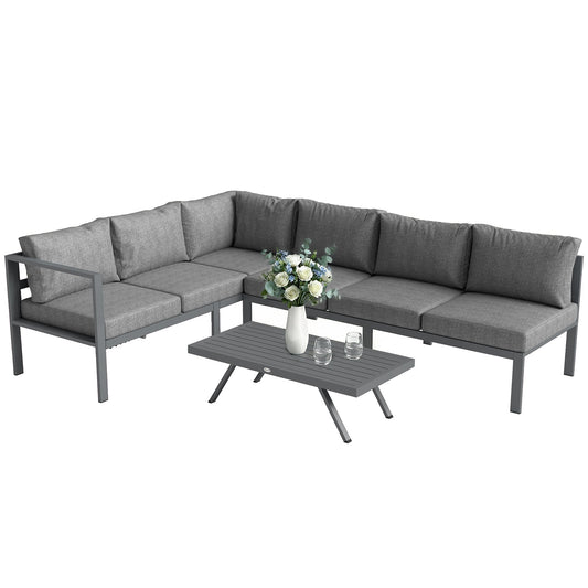 3 Pieces Garden Furniture Set, Aluminium Corner Lounge Set with Adjustable Backrest and Coffee Table, Outdoor Conversation Furniture with Cushions, Dark Grey