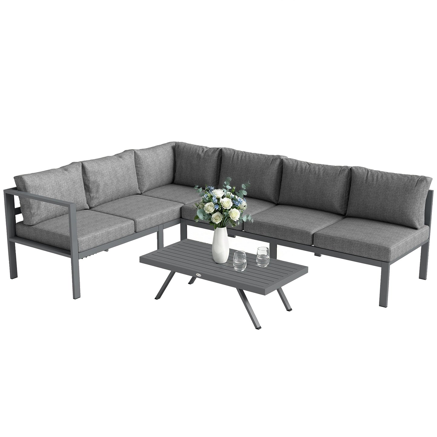 3 Pieces Garden Furniture Set, Aluminium Corner Lounge Set with Adjustable Backrest and Coffee Table, Outdoor Conversation Furniture with Cushions, Dark Grey