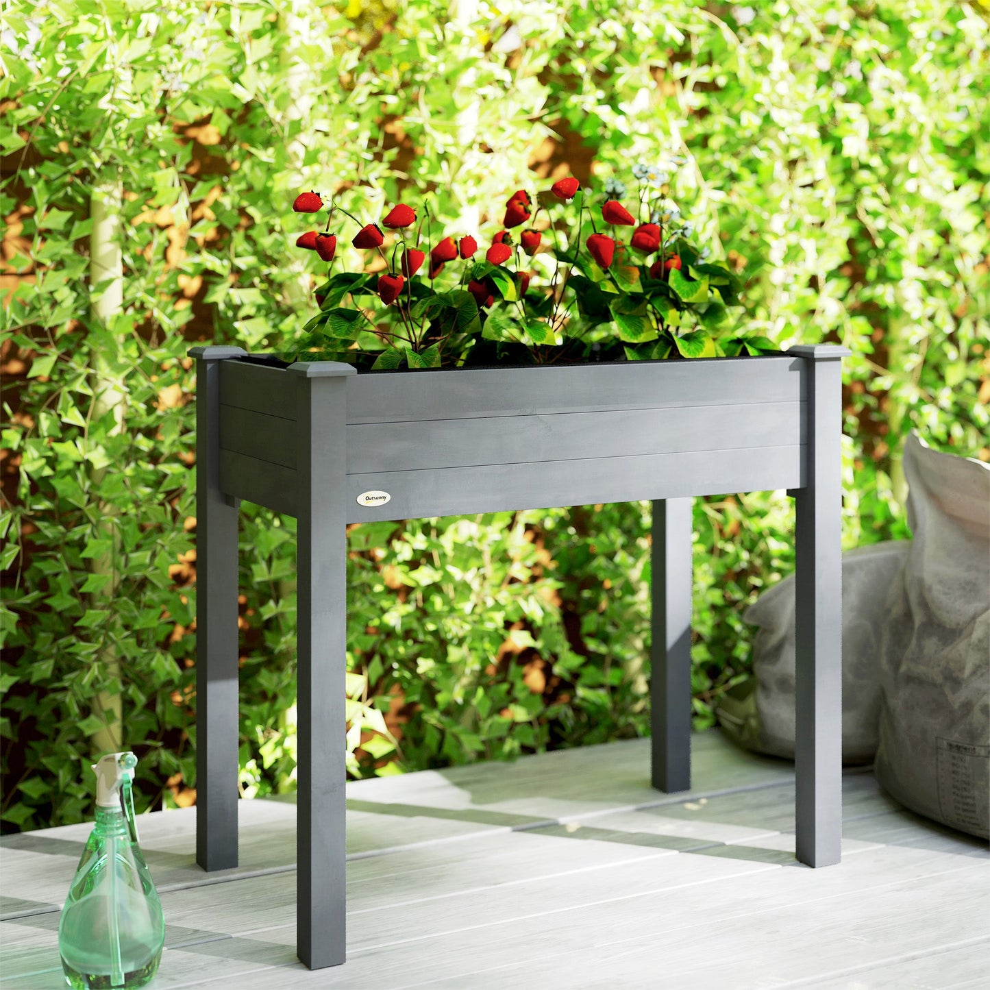 Raised Bed for Garden, Wooden Elevated Planter Box with Bed Liner, for Flower Vegetable Herb, 86L x 46W x 76Hcm, Dark Grey