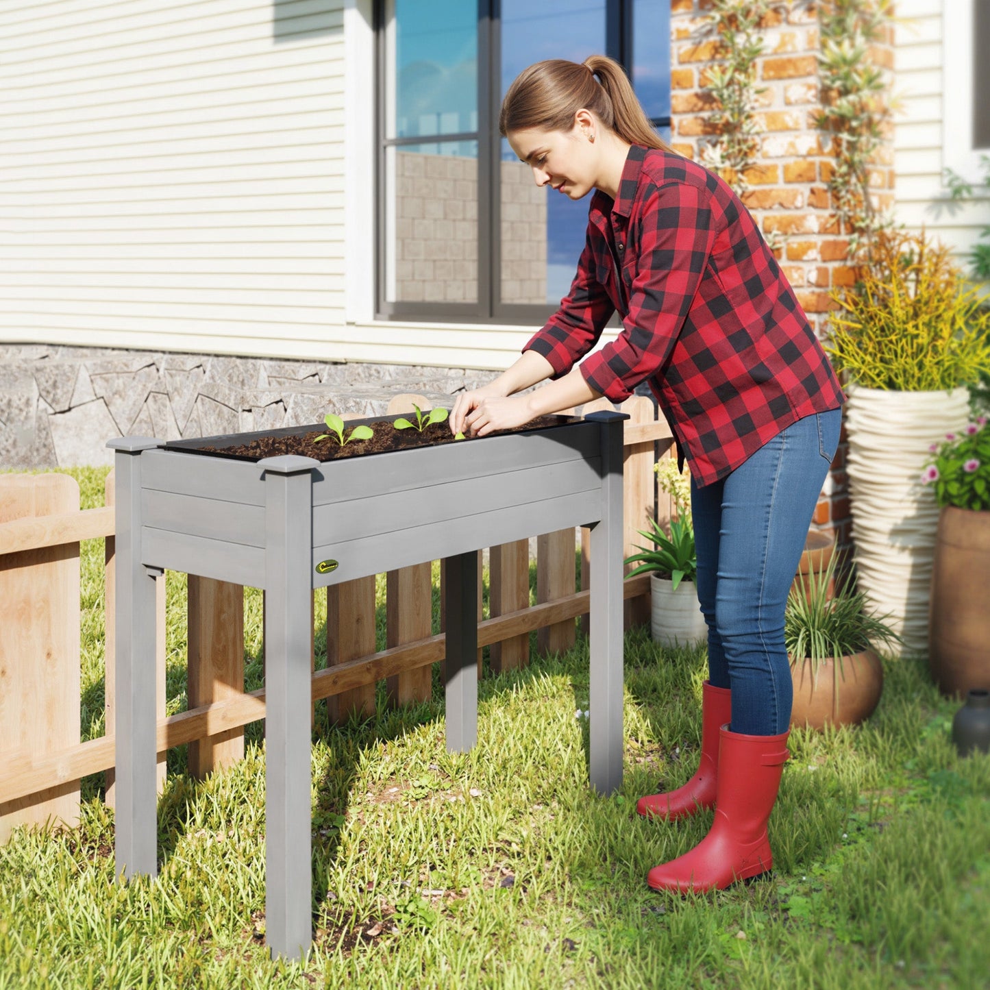 Raised Bed for Garden, Wooden Elevated Planter Box with Bed Liner, for Flower Vegetable Herb, 86L x 46W x 76Hcm, Dark Grey