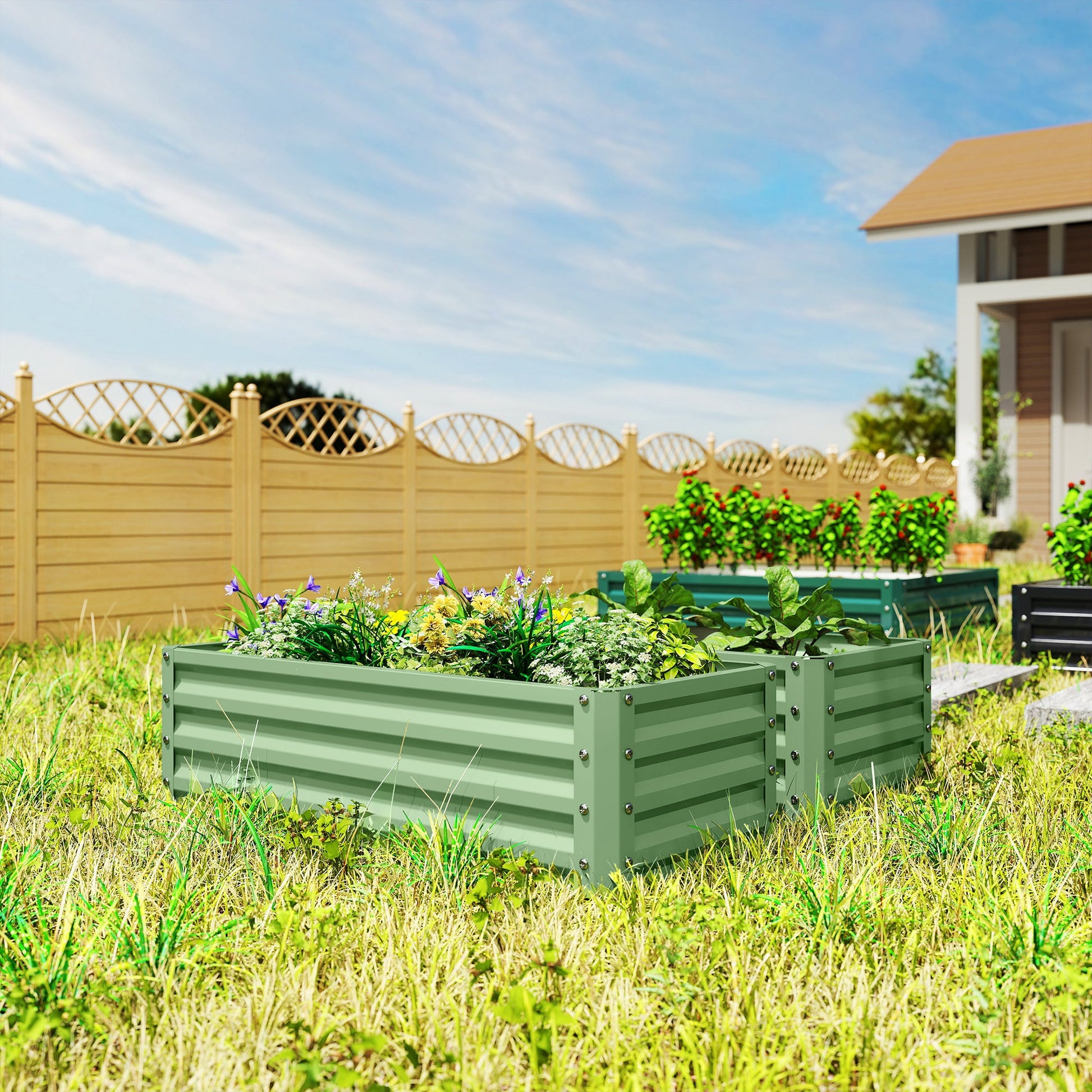 Set of 2 Raised Garden Bed, Outdoor Planter Box with Galvanised Steel Frame for Growing Vegetables, Flowers and Herbs, 110 x 50 x 30cm, Light Green