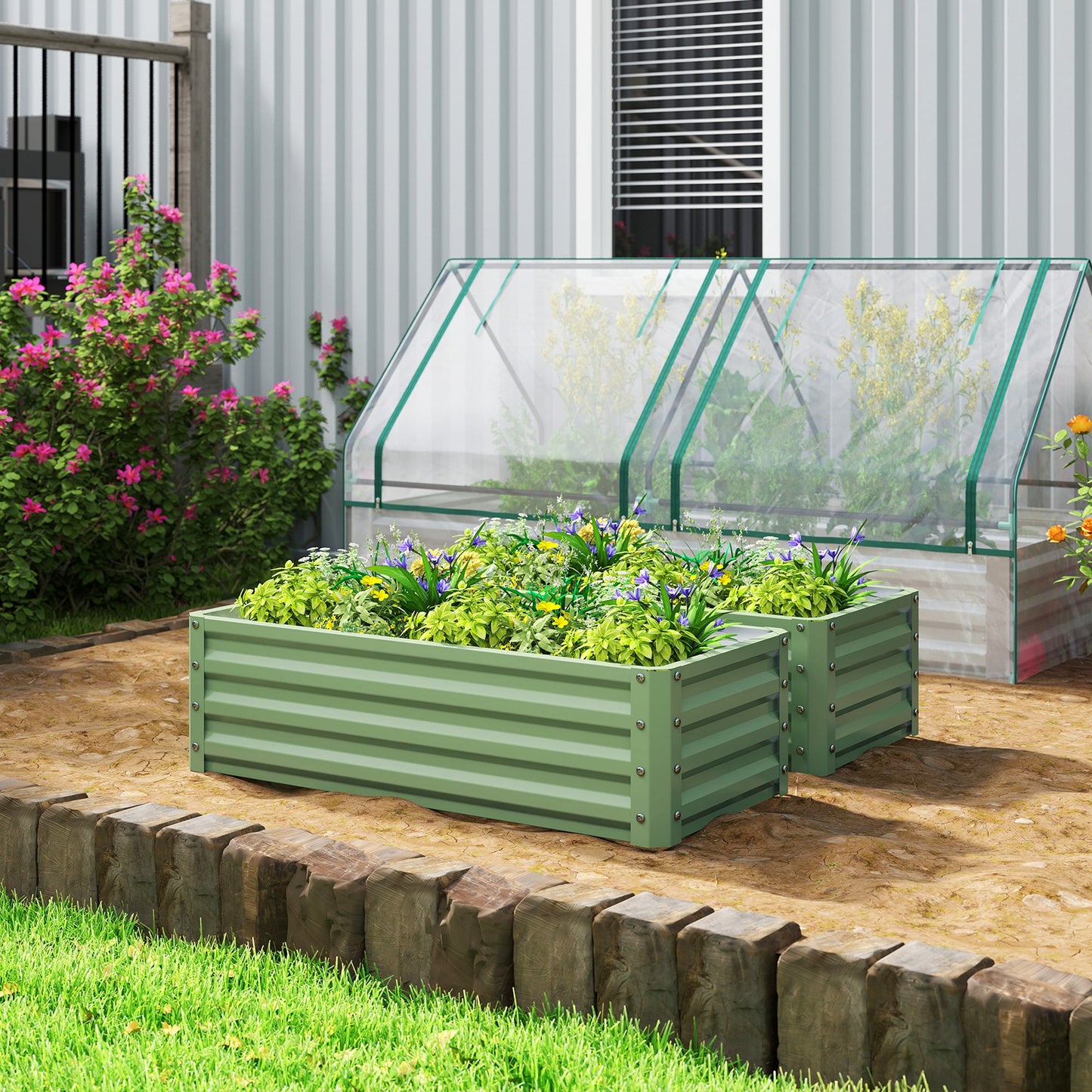Set of 2 Raised Garden Bed, Outdoor Planter Box with Galvanised Steel Frame for Growing Vegetables, Flowers and Herbs, 110 x 50 x 30cm, Light Green