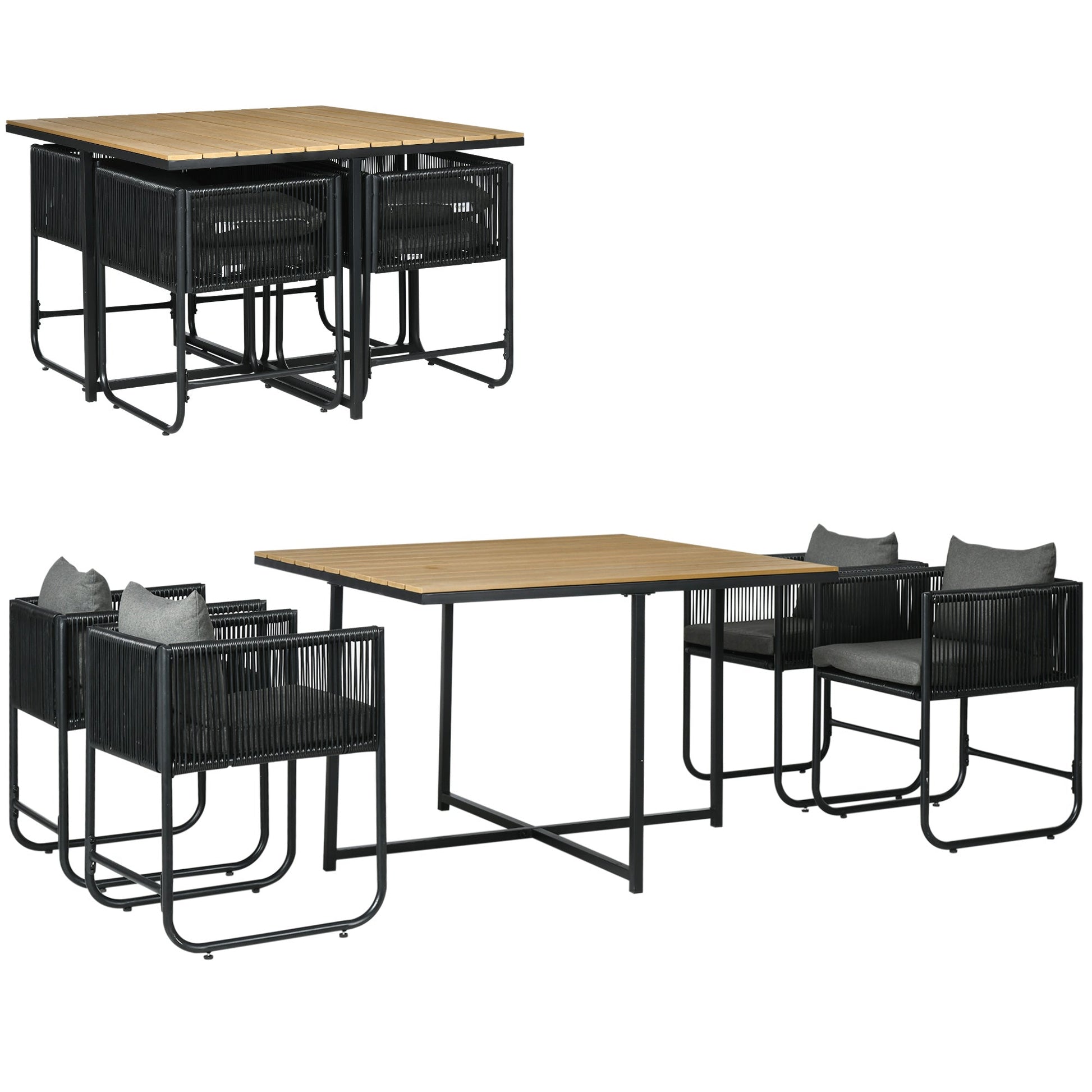 4 Seater Rattan Cube Garden Furniture Set, Rattan Dining Set with Cushions, Outdoor Dining Table and Chairs with Rectangular Wood Grain Plastic Top Table for Patio, Balcony, Black