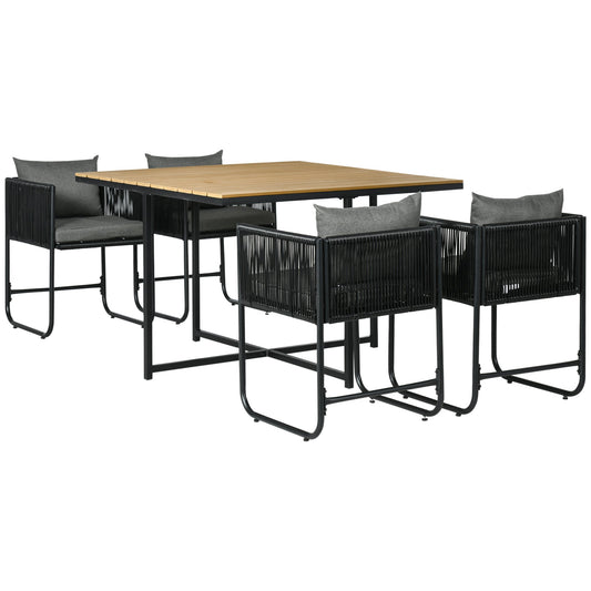 4 Seater Rattan Cube Garden Furniture Set, Rattan Dining Set with Cushions, Outdoor Dining Table and Chairs with Rectangular Wood Grain Plastic Top Table for Patio, Balcony, Black