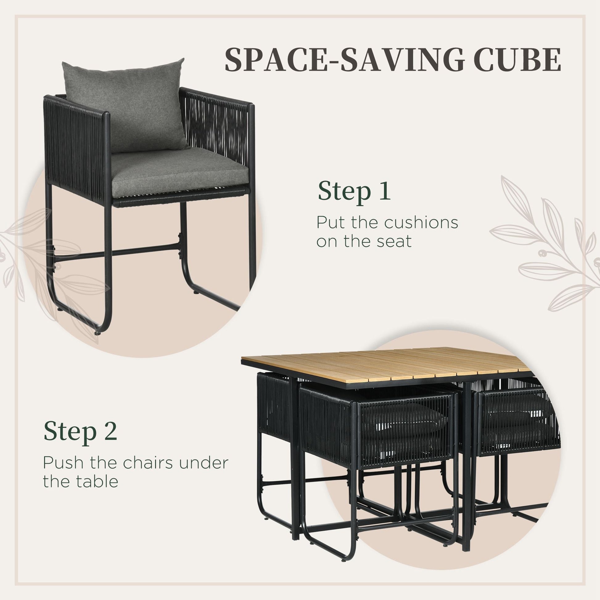 4 Seater Rattan Cube Garden Furniture Set, Rattan Dining Set with Cushions, Outdoor Dining Table and Chairs with Rectangular Wood Grain Plastic Top Table for Patio, Balcony, Black