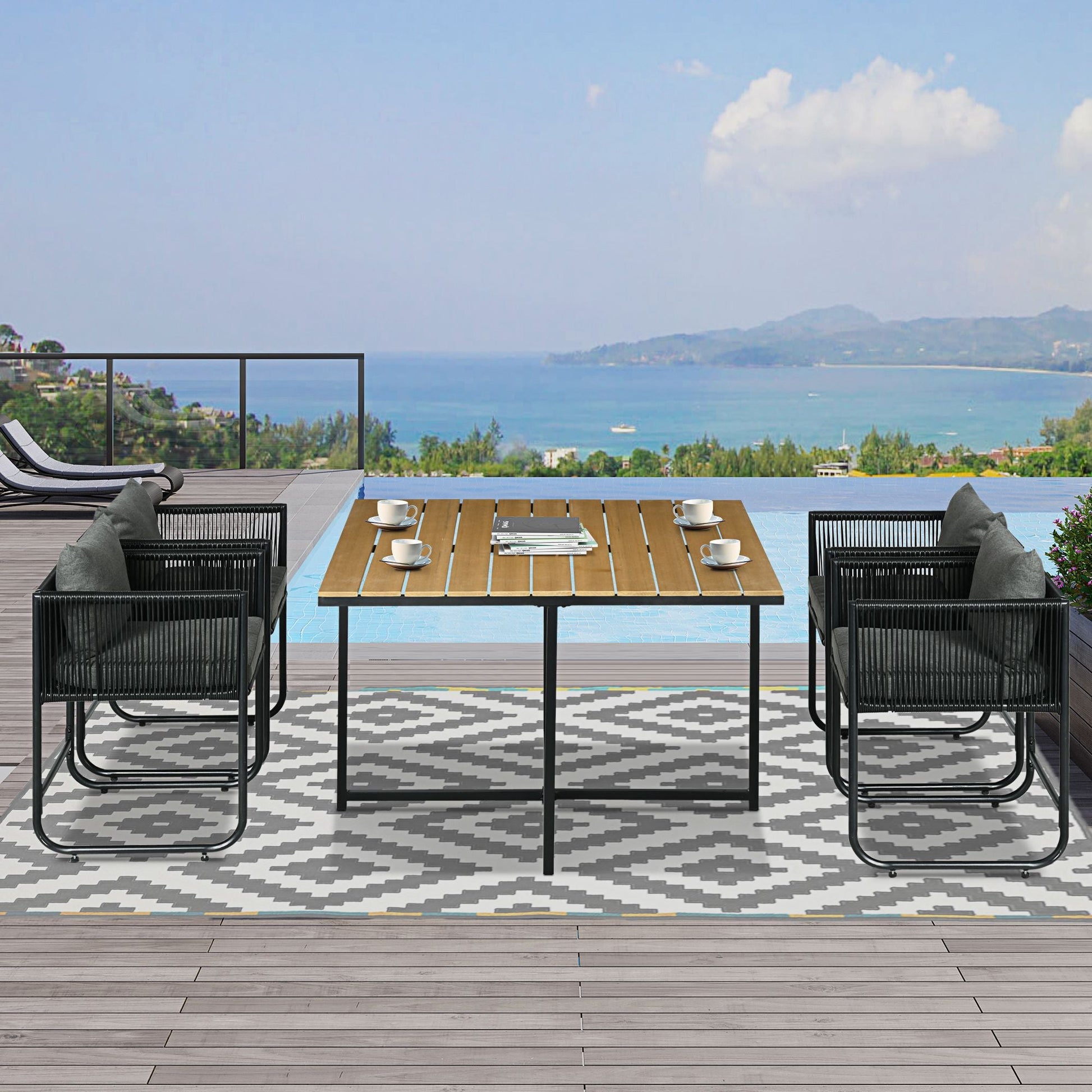 4 Seater Rattan Cube Garden Furniture Set, Rattan Dining Set with Cushions, Outdoor Dining Table and Chairs with Rectangular Wood Grain Plastic Top Table for Patio, Balcony, Black
