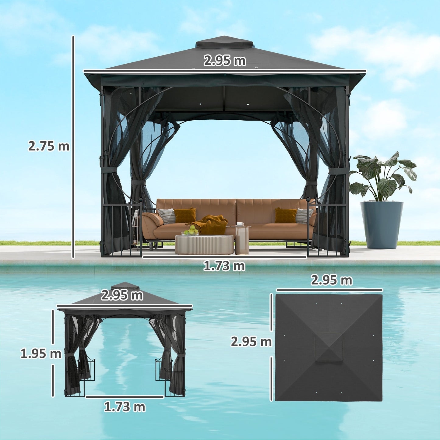 3 x 3m Garden Gazebo Patio Party Tent Shelter Outdoor Canopy Double Tier Sun Shade with Metal Frame and Netting, Dark Grey