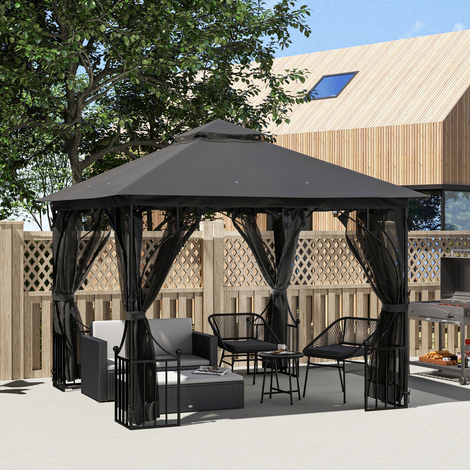 3 x 3m Garden Gazebo Patio Party Tent Shelter Outdoor Canopy Double Tier Sun Shade with Metal Frame and Netting, Dark Grey