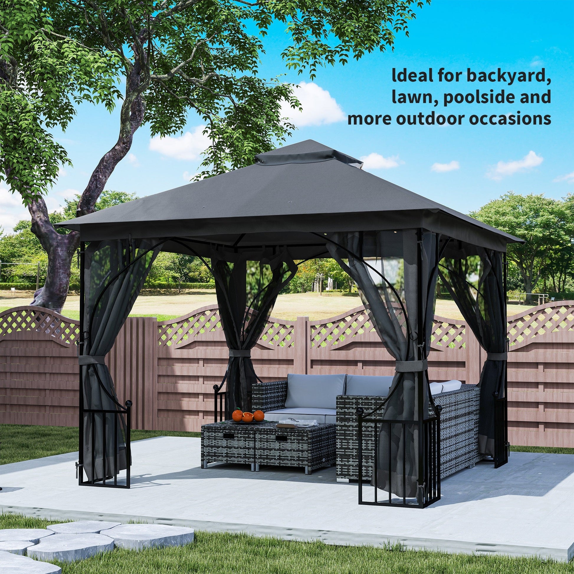 3 x 3m Garden Gazebo Patio Party Tent Shelter Outdoor Canopy Double Tier Sun Shade with Metal Frame and Netting, Dark Grey
