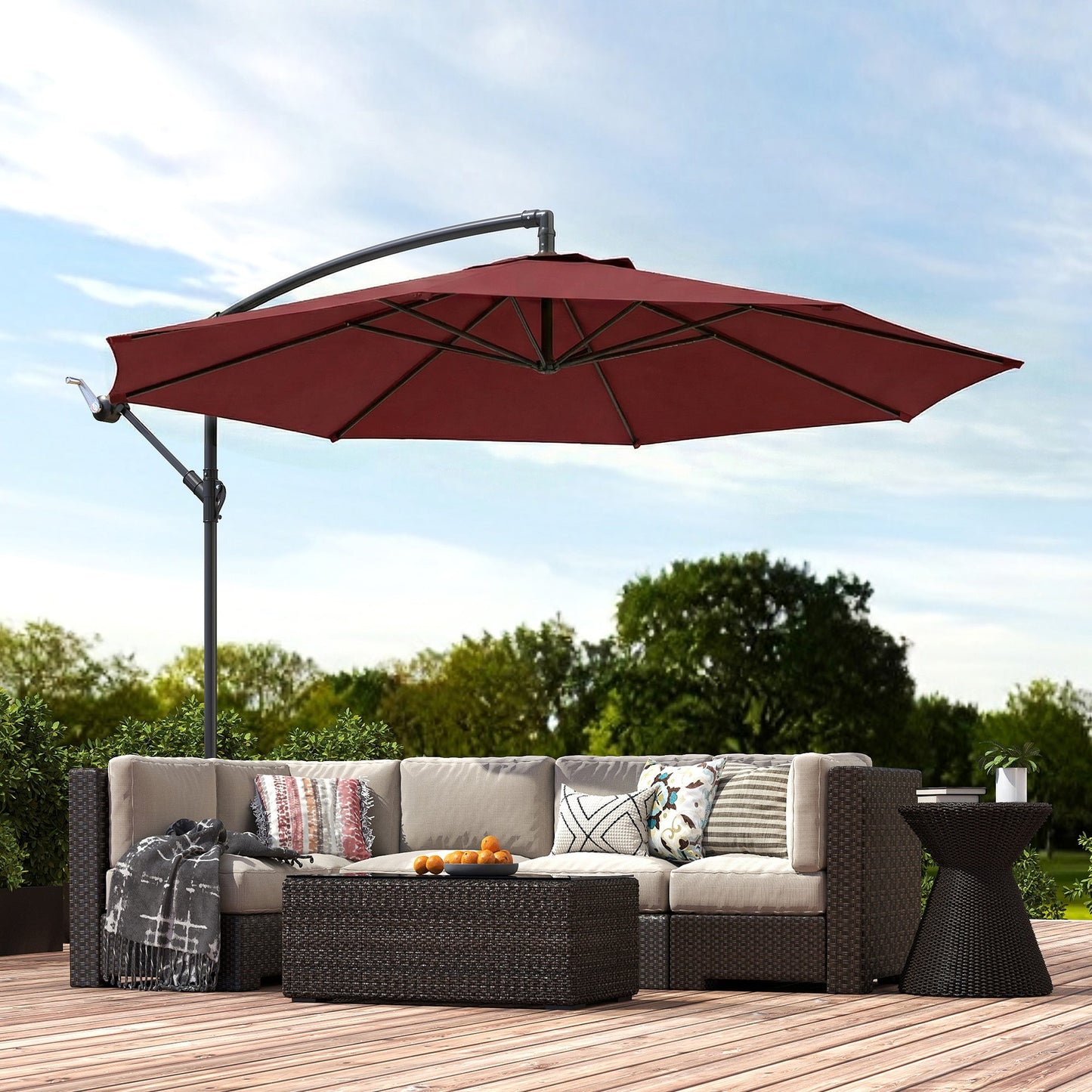 3(m) Garden Banana Parasol Hanging Cantilever Umbrella with Crank Handle, 8 Ribs and Cross Base for Outdoor, Sun Shade, Wine Red