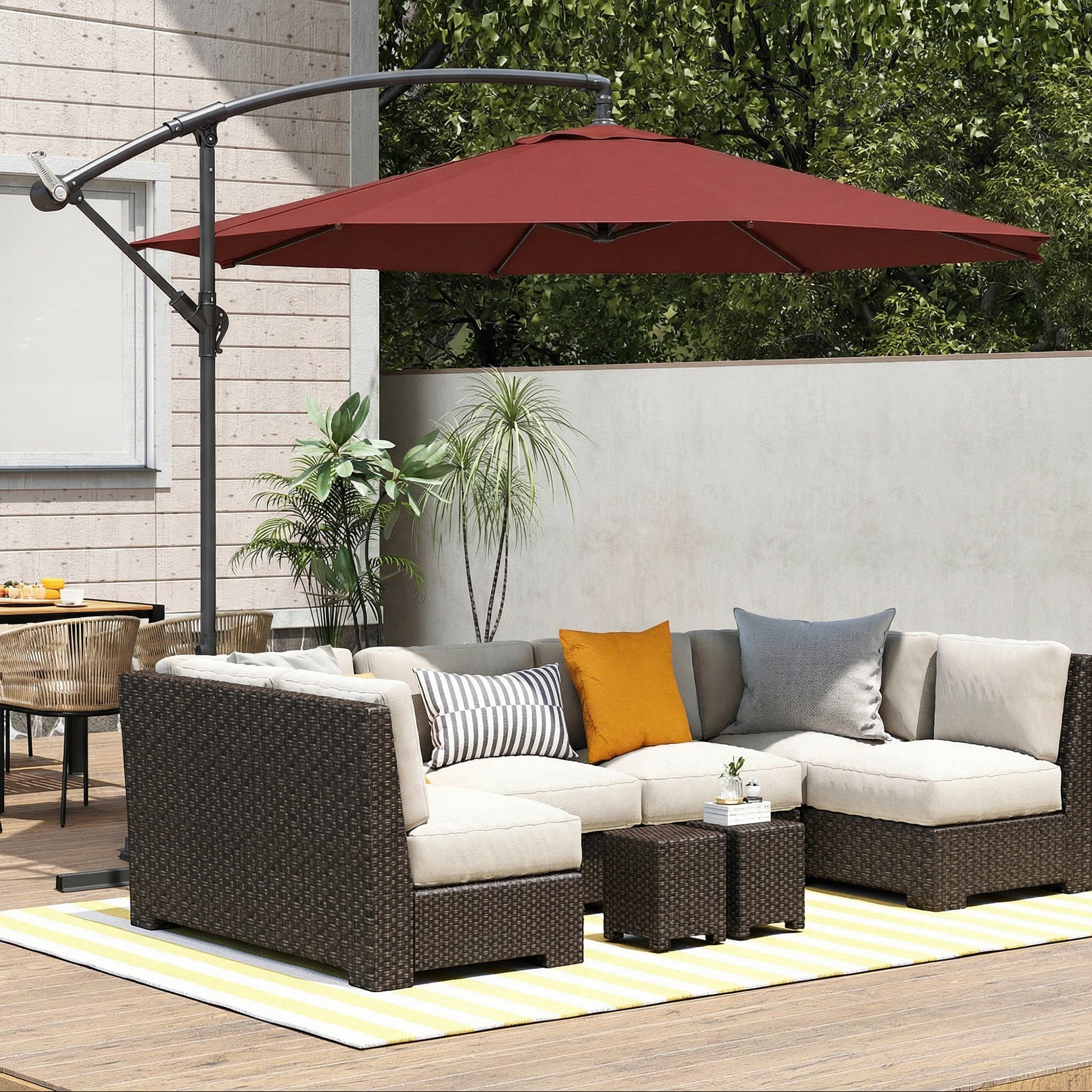 3(m) Garden Banana Parasol Hanging Cantilever Umbrella with Crank Handle, 8 Ribs and Cross Base for Outdoor, Sun Shade, Wine Red