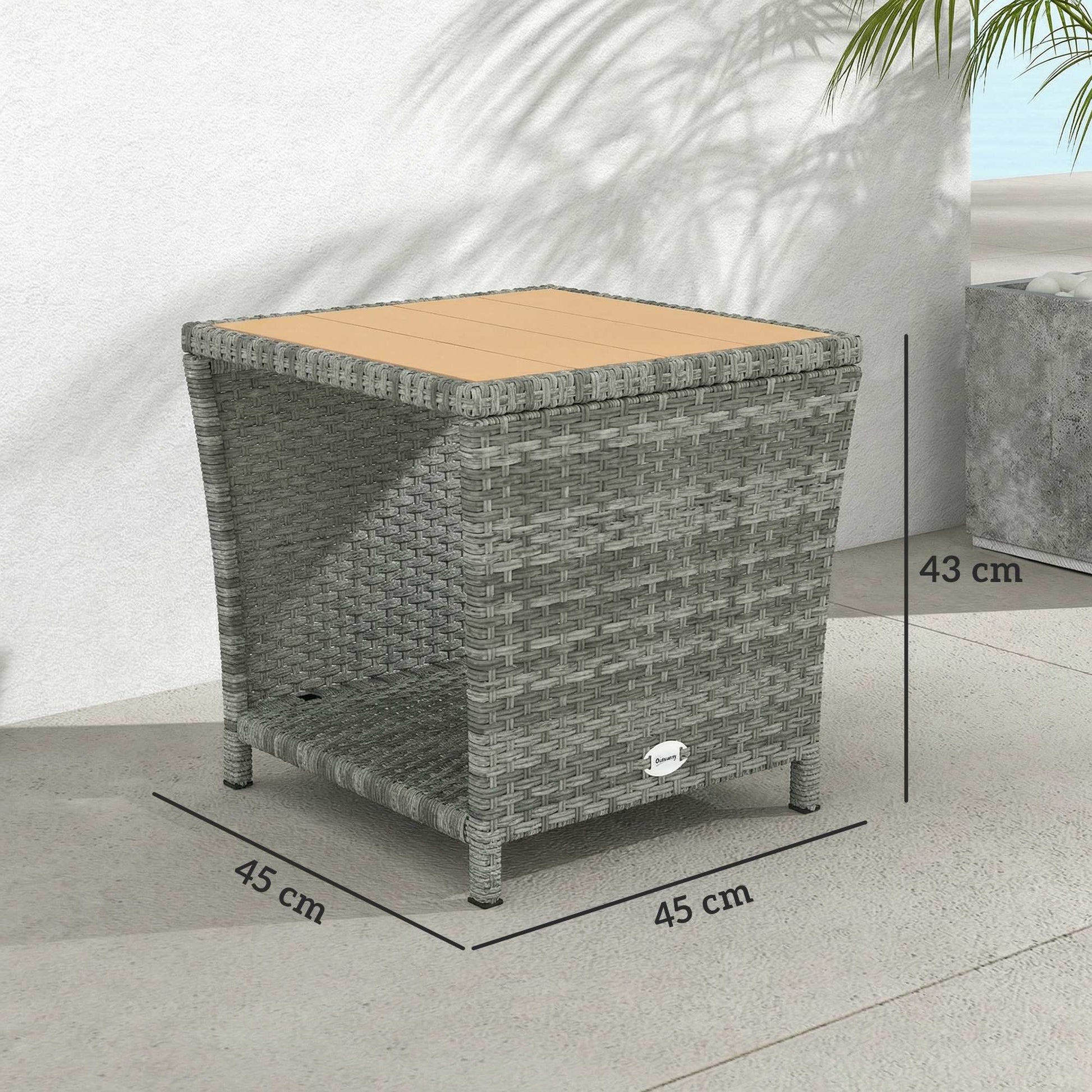 2-Tier PE Rattan Side Table with Storage Shelf, Square Outdoor Coffee Table with PS Wood Slat Top, UV-Resistant for Patio, Garden, Balcony, Light Grey