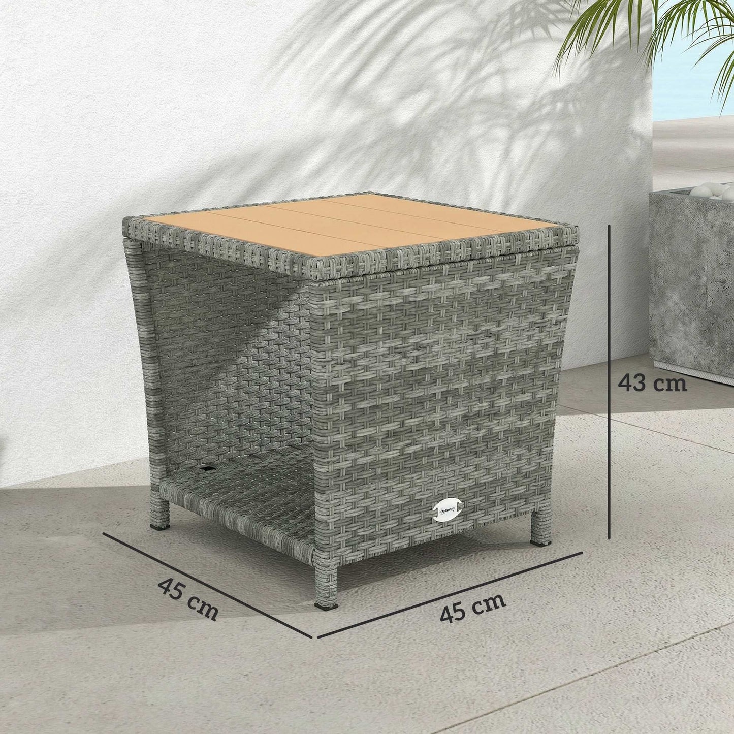 2-Tier PE Rattan Side Table with Storage Shelf, Square Outdoor Coffee Table with PS Wood Slat Top, UV-Resistant for Patio, Garden, Balcony, Light Grey