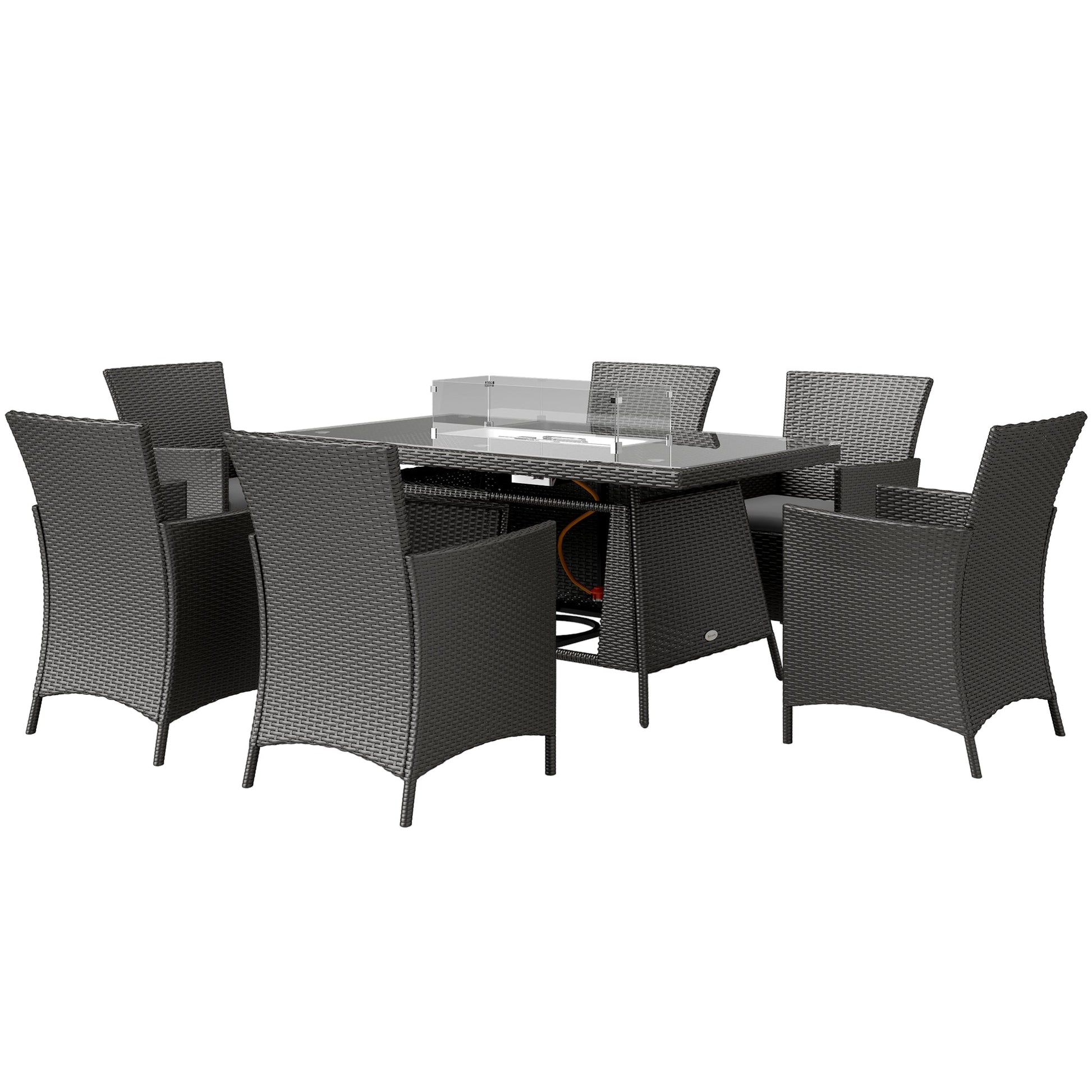 7 Pieces Outdoor Rattan Garden Furniture with Fire Pit Table, 6 Seater Garden Table and Chairs with Cushions, Rattan Dining Set with Propane Heater Table, Windscreen, 50,000 BTU, Black