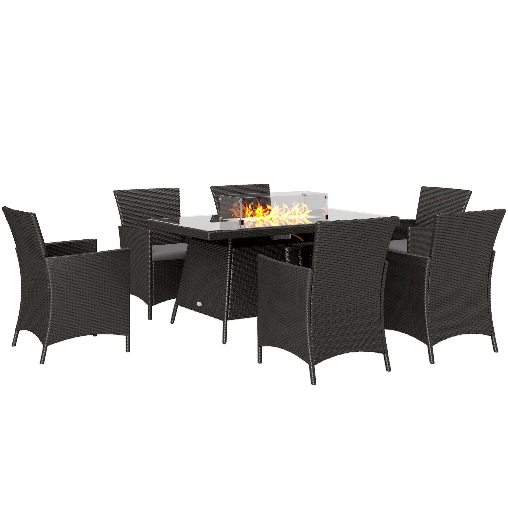 7 Pieces Outdoor Rattan Garden Furniture with Fire Pit Table, 6 Seater Garden Table and Chairs with Cushions, Rattan Dining Set with Propane Heater Table, Windscreen, 50,000 BTU, Black