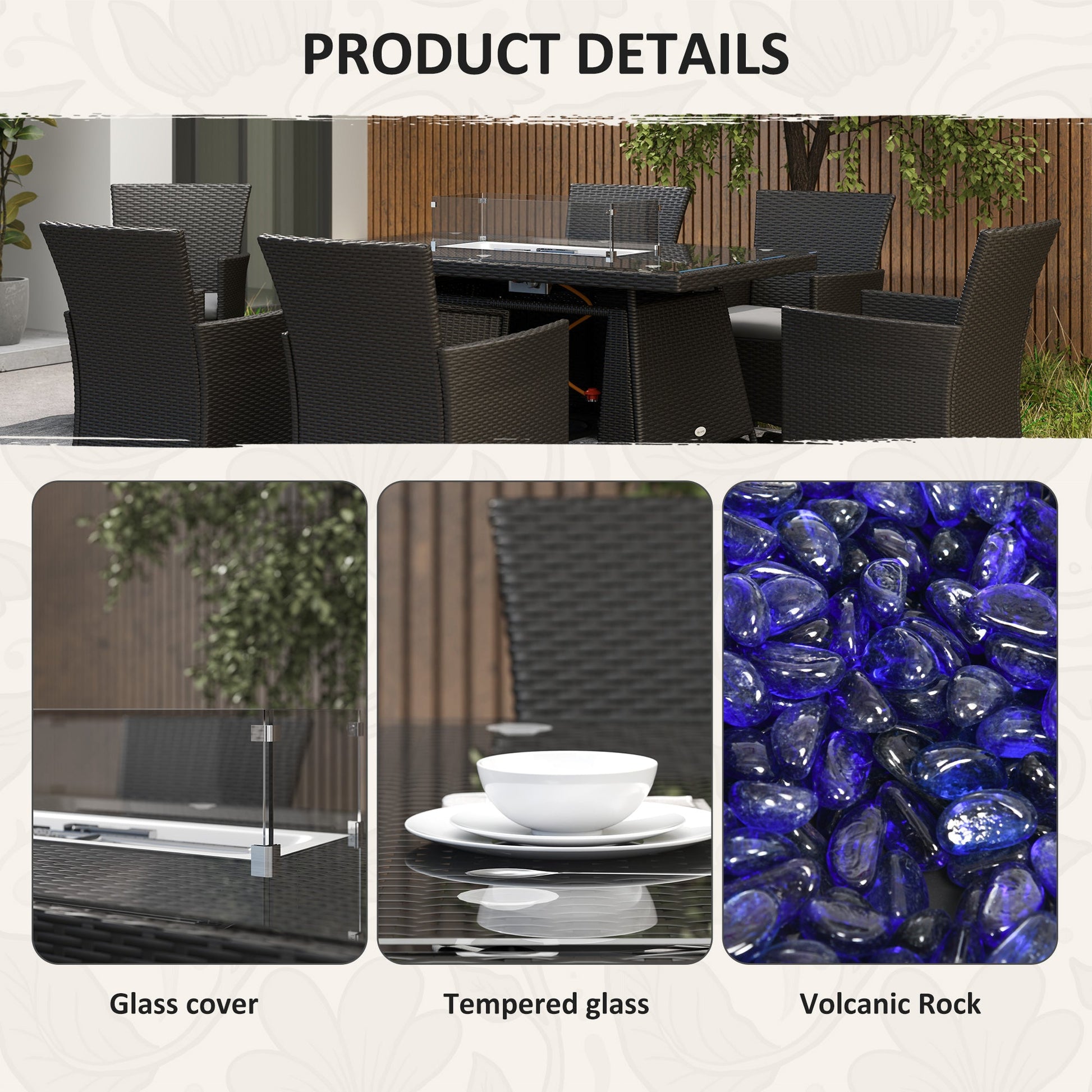 7 Pieces Outdoor Rattan Garden Furniture with Fire Pit Table, 6 Seater Garden Table and Chairs with Cushions, Rattan Dining Set with Propane Heater Table, Windscreen, 50,000 BTU, Black