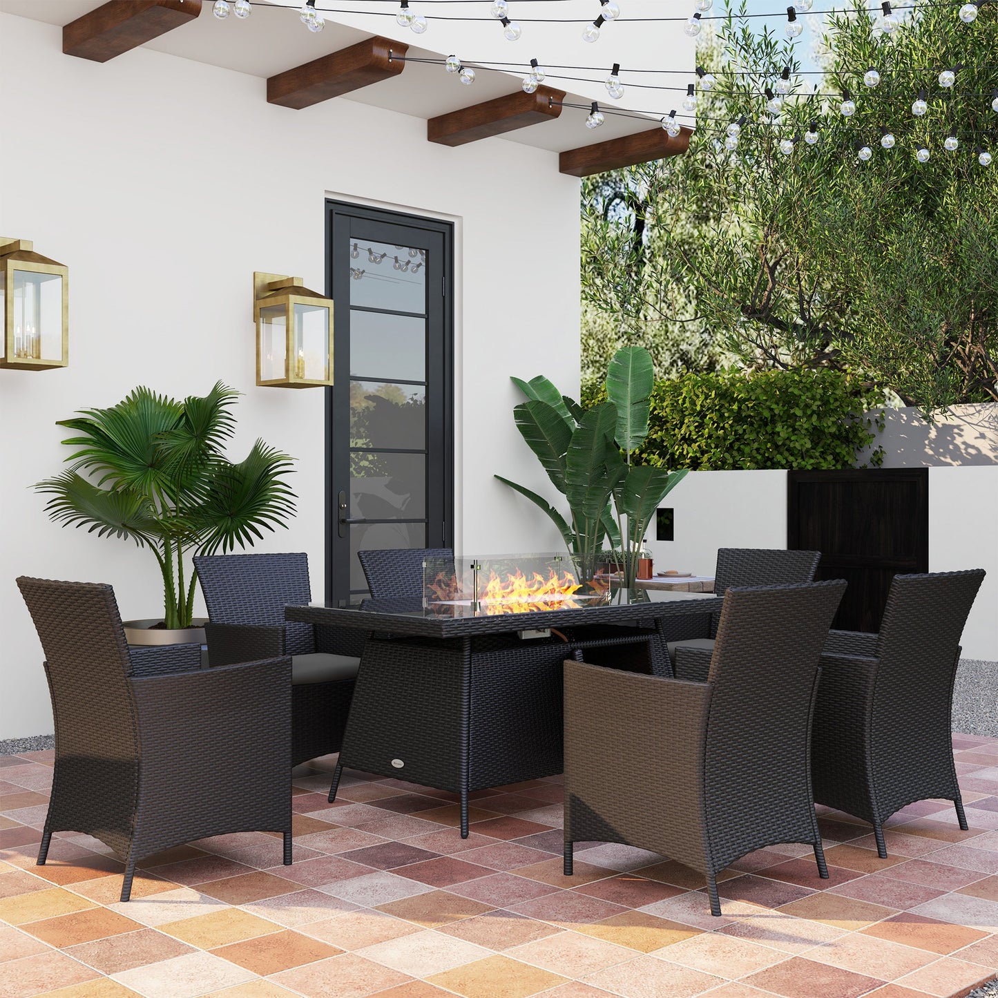 7 Pieces Outdoor Rattan Garden Furniture with Fire Pit Table, 6 Seater Garden Table and Chairs with Cushions, Rattan Dining Set with Propane Heater Table, Windscreen, 50,000 BTU, Black
