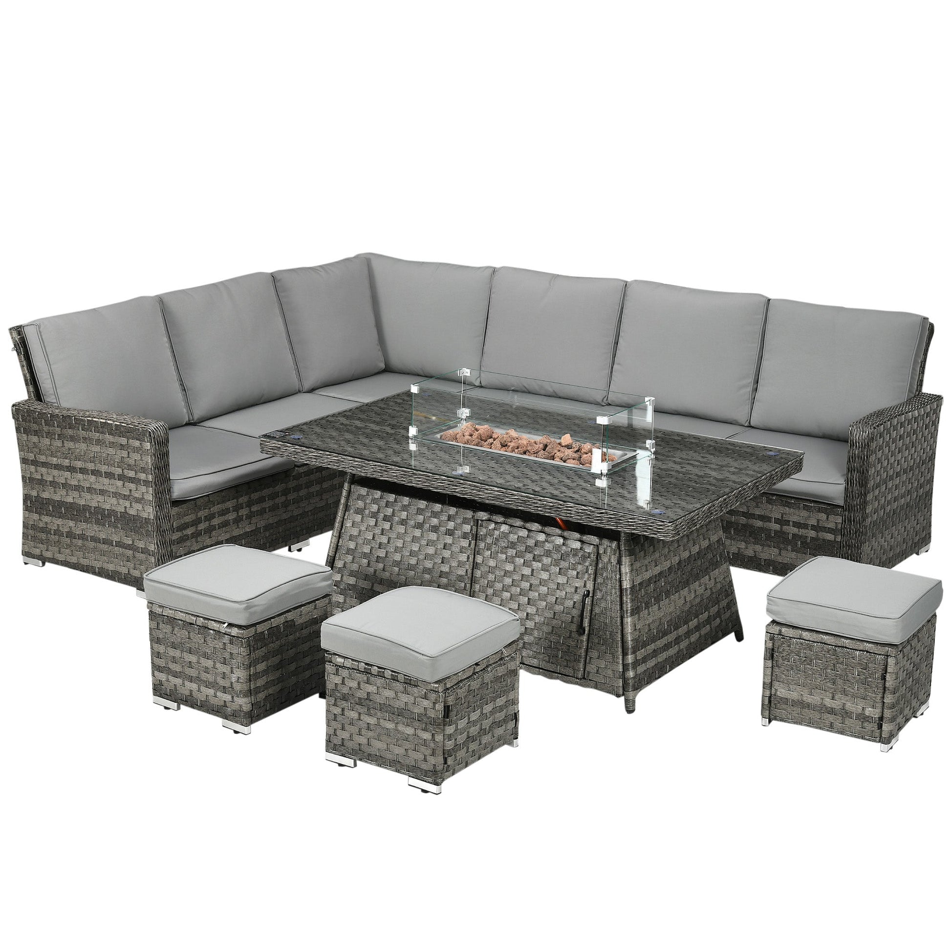 7 Pieces PE Rattan Garden Furniture Set, 50,000 BTU Gas Fire Pit Table, Double Corner Sofa and 3 Footstools, 6 Seater Furniture Sofa Sets with Cushions for Conservatory, Grey