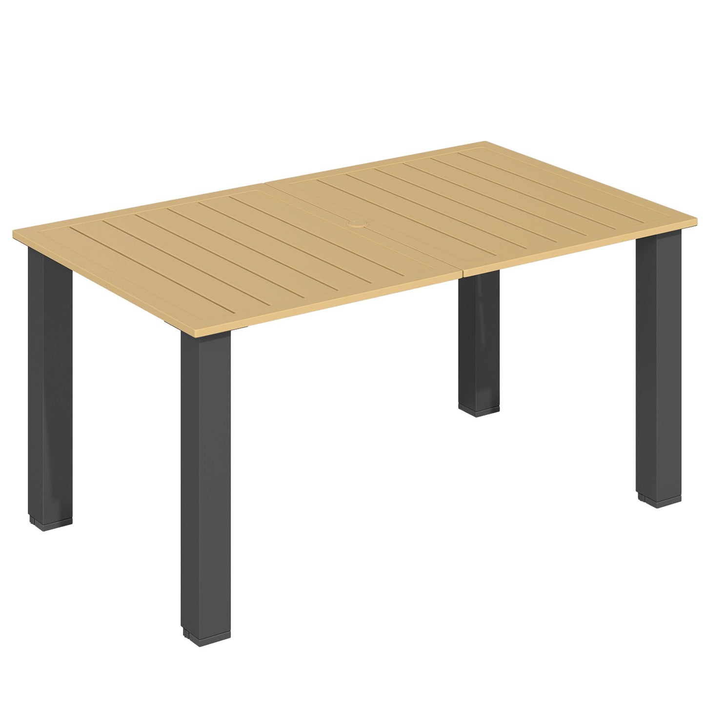 Garden Dining Table for 6 Person with Parasol Hole, Rectangle Outdoor Garden Table with Slatted Metal Tabletop, Steel Frame for Patio, Balcony, 150 x 90 x 73 cm, Brown