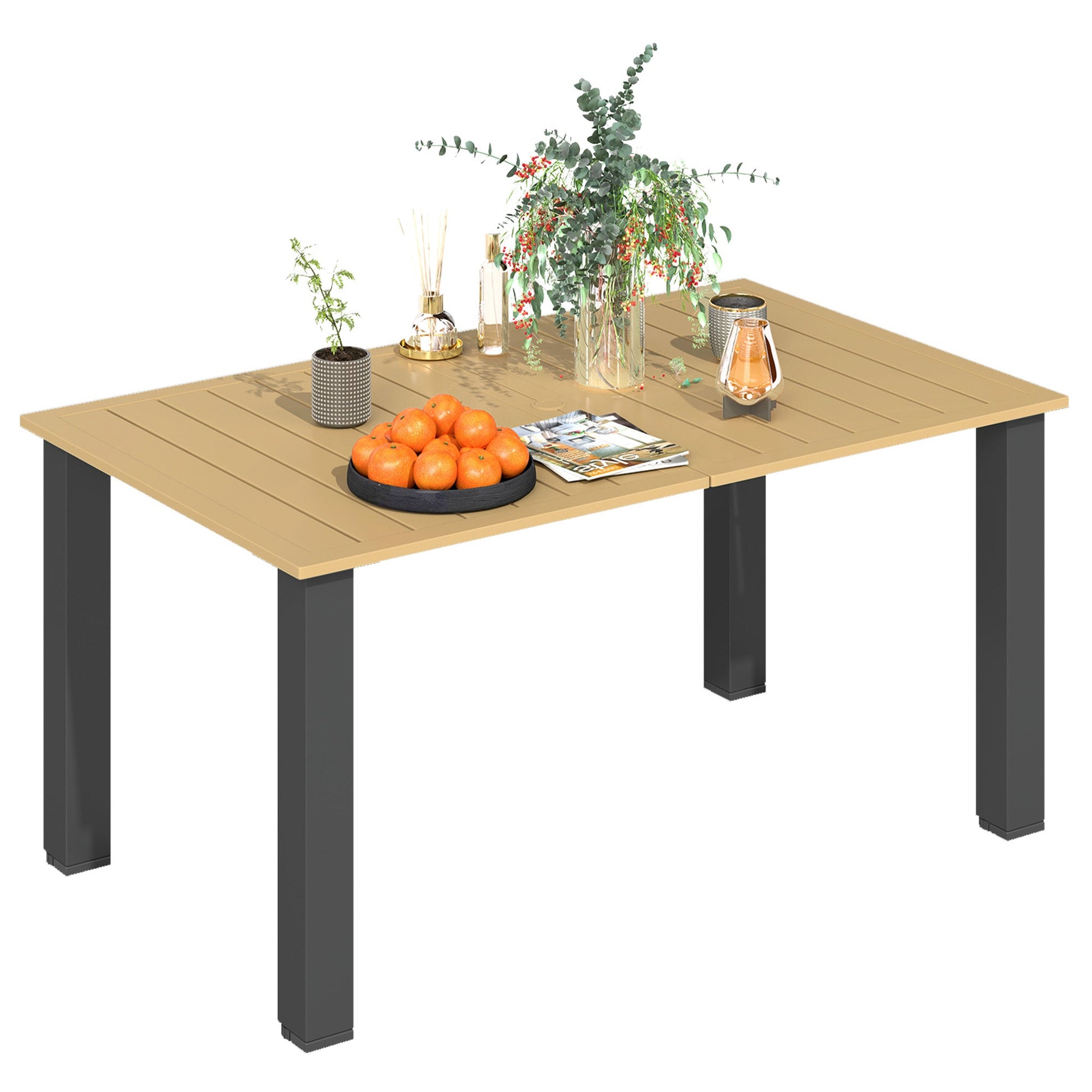 Garden Dining Table for 6 Person with Parasol Hole, Rectangle Outdoor Garden Table with Slatted Metal Tabletop, Steel Frame for Patio, Balcony, 150 x 90 x 73 cm, Brown
