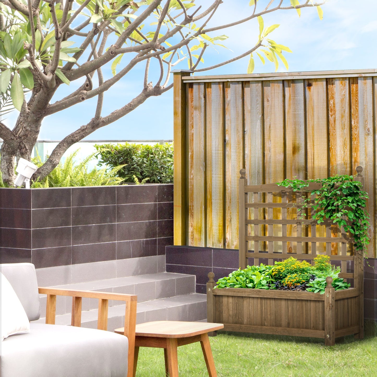 Garden Planters with Trellis for Climbing Vines, Wooden Raised Beds for Garden, Free Standing Flower Pot, Indoor Outdoor Display Rack, 64 x 28 x 75 cm, Brown