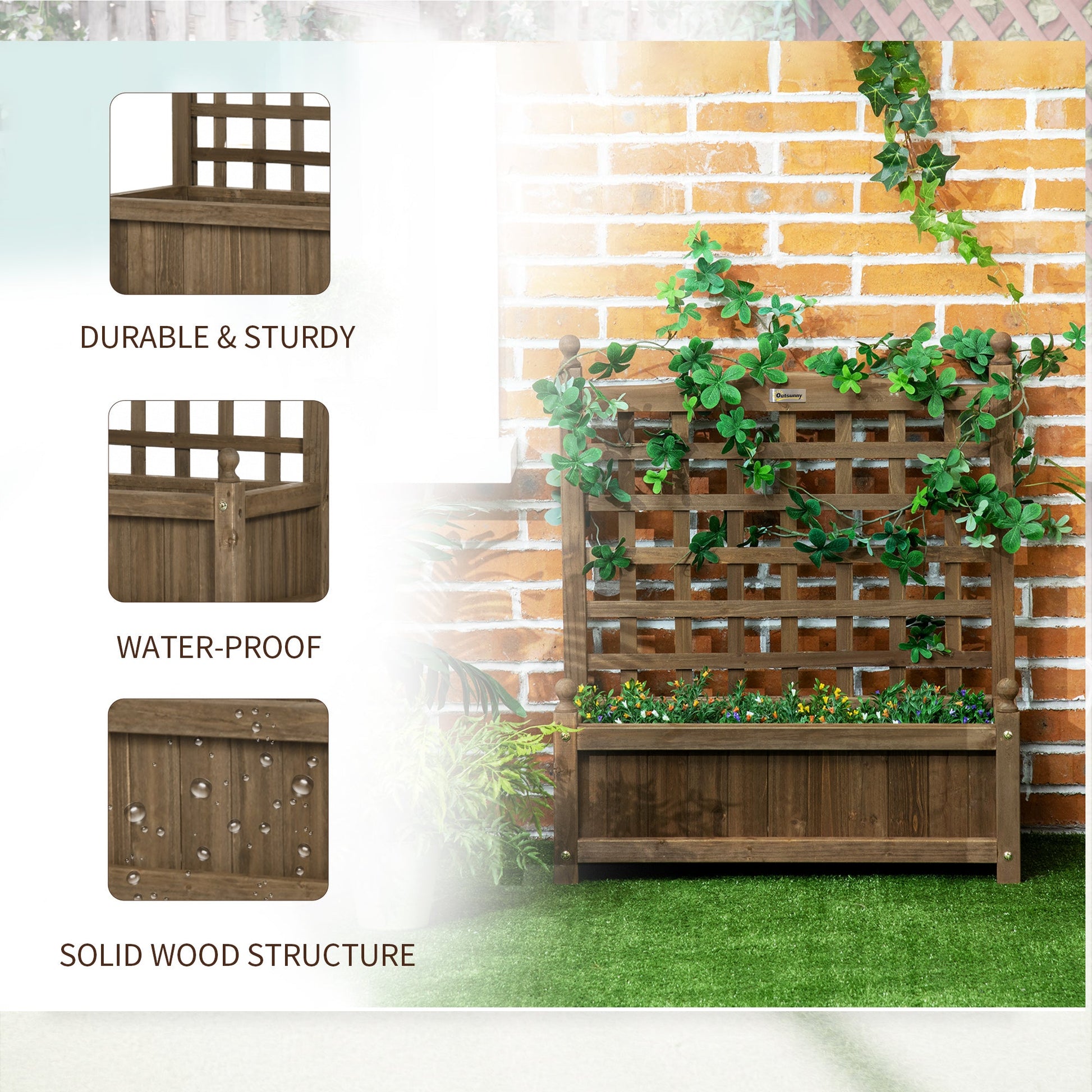Garden Planters with Trellis for Climbing Vines, Wooden Raised Beds for Garden, Free Standing Flower Pot, Indoor Outdoor Display Rack, 64 x 28 x 75 cm, Brown