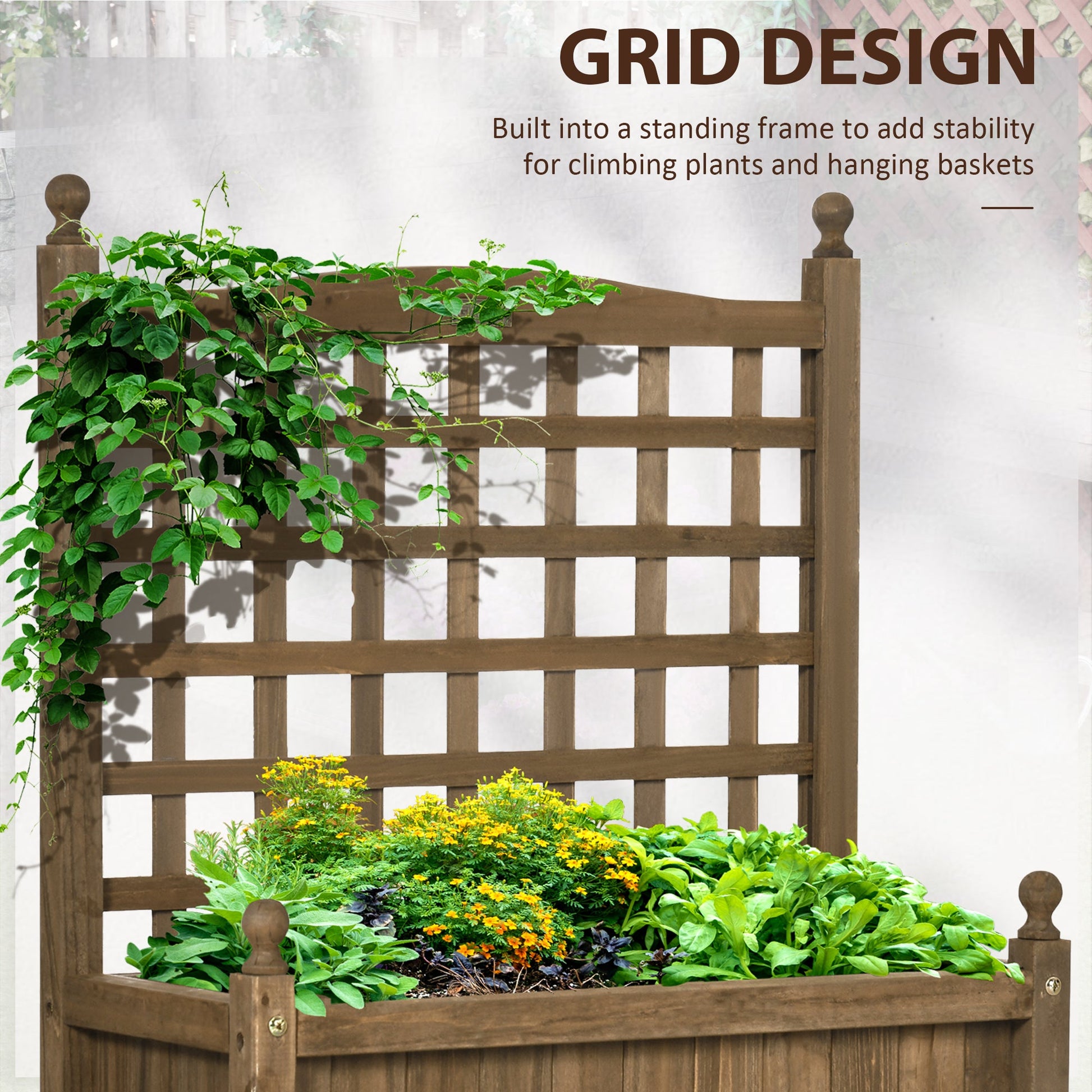 Garden Planters with Trellis for Climbing Vines, Wooden Raised Beds for Garden, Free Standing Flower Pot, Indoor Outdoor Display Rack, 64 x 28 x 75 cm, Brown