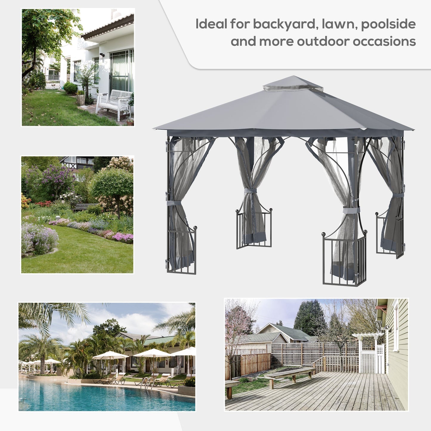 3 x 3m Garden Gazebo Patio Party Tent Shelter Outdoor Canopy Double Tier Sun Shade with Metal Frame and Netting, Light Grey