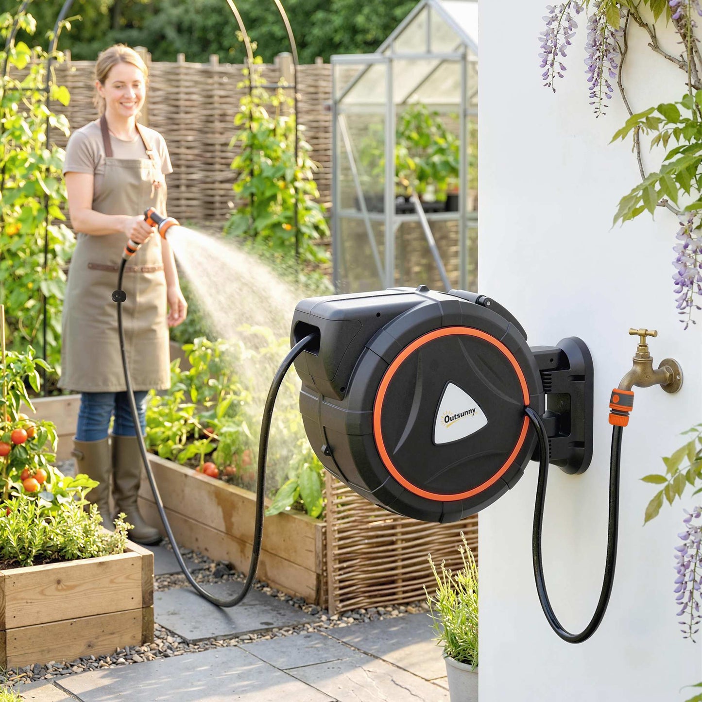 Retractable Hose Reel Wall Mounted, 23+2m Garden Hose Pipe Reel with Auto Retraction, Self-Locking, Slow Return System, 180° Swivel Bracket, 12-Pattern Nozzles and Faucet Adaptor, Orange