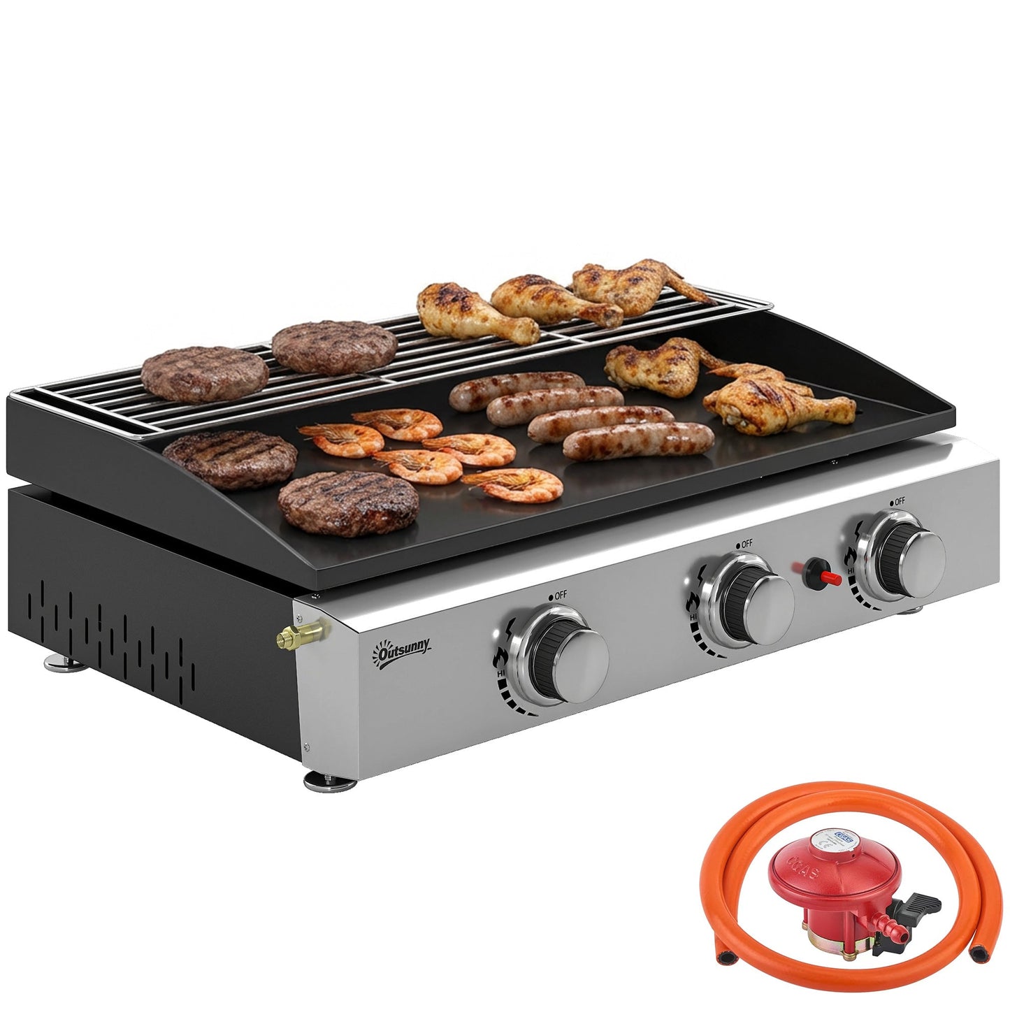 3 Burner Grill Griddle, Portable Gas Plancha with Warming Rack, 7.5 kW, Tabletop Gas BBQ with Grease Cup for Camping Picnic Patios, Black