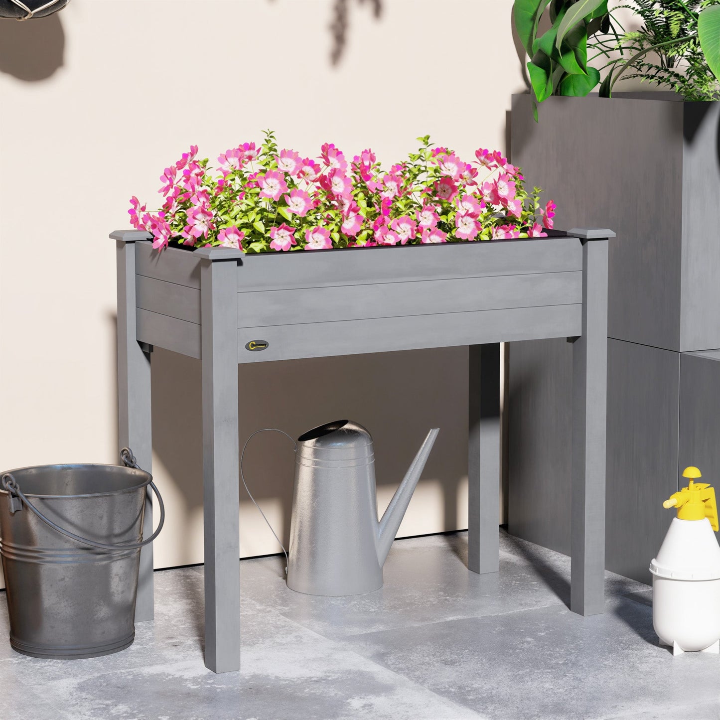 Raised Bed for Garden, Wooden Elevated Planter Box with Bed Liner, for Flower Vegetable Herb, 86L x 46W x 76Hcm, Dark Grey