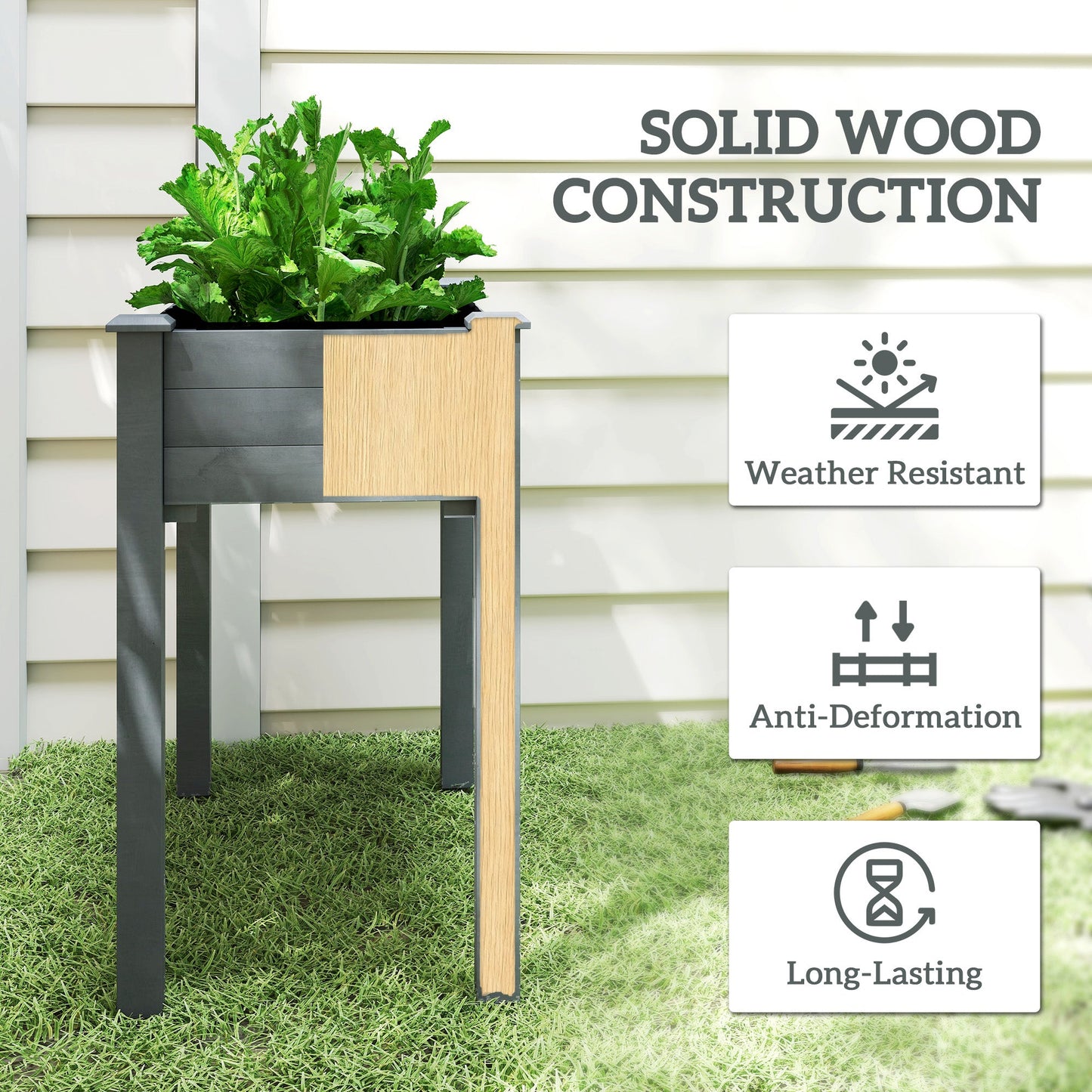 Raised Bed for Garden, Wooden Elevated Planter Box with Bed Liner, for Flower Vegetable Herb, 86L x 46W x 76Hcm, Dark Grey