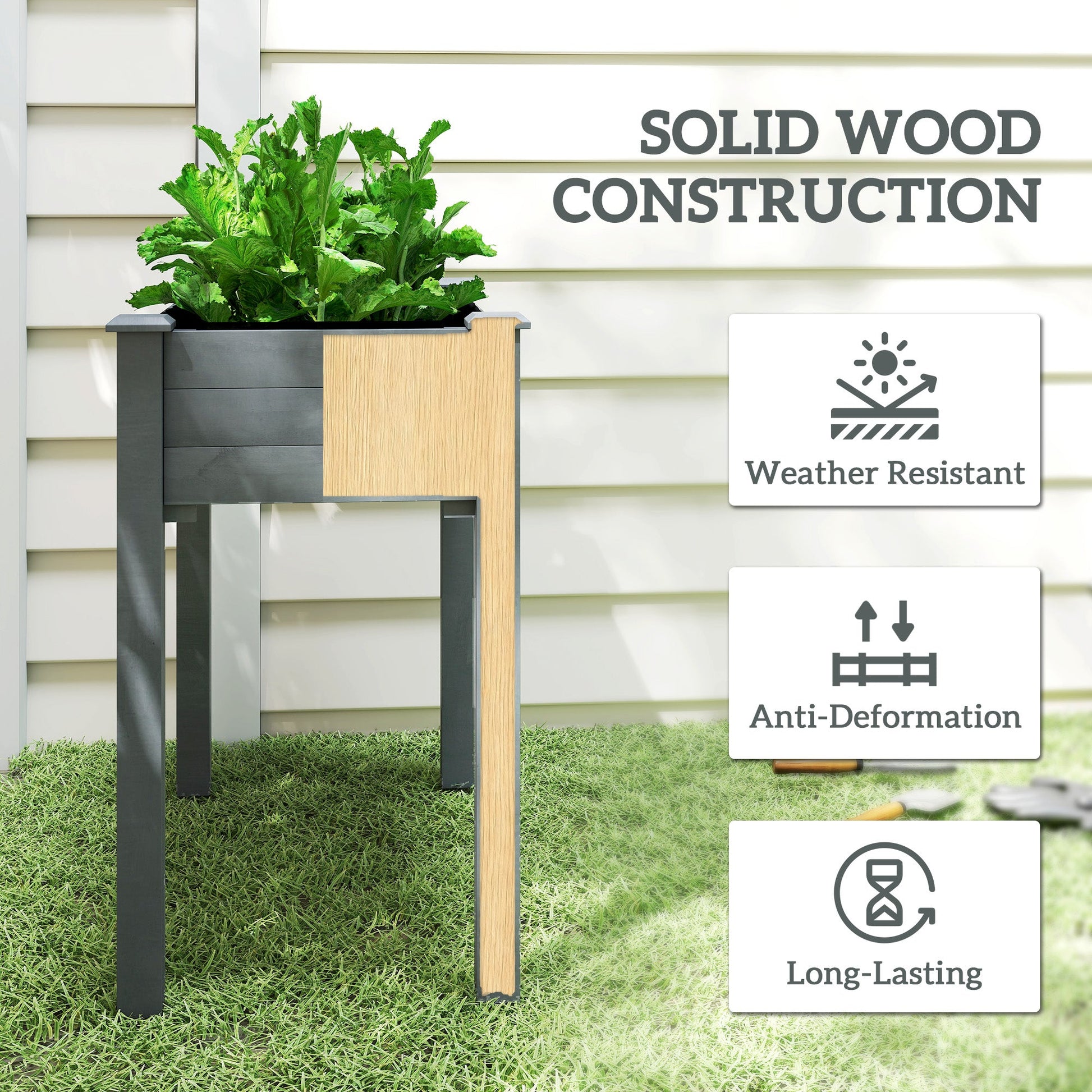 Raised Bed for Garden, Wooden Elevated Planter Box with Bed Liner, for Flower Vegetable Herb, 86L x 46W x 76Hcm, Dark Grey