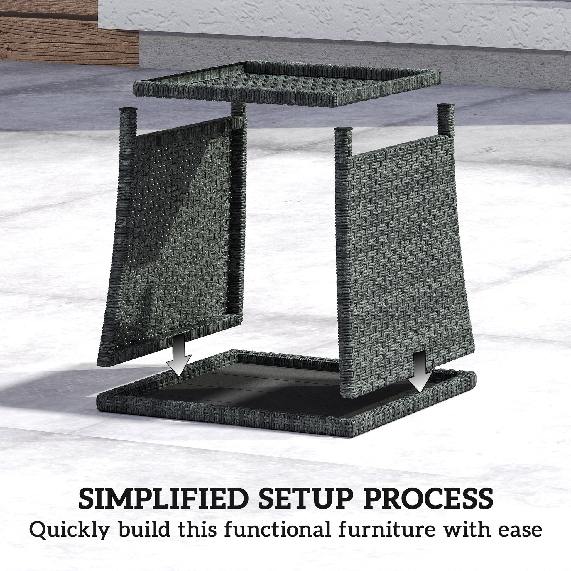 2-Tier PE Rattan Side Table with Storage Shelf, Square Outdoor Coffee Table with PS Wood Slat Top, UV-Resistant for Patio, Garden, Balcony, Grey