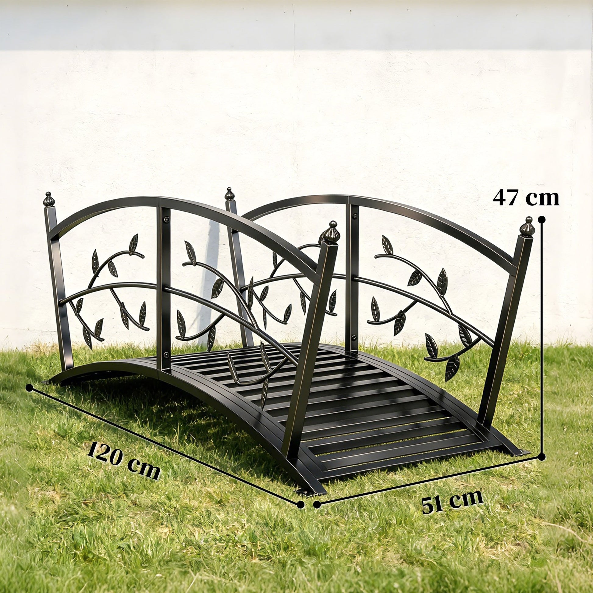1.2M Metal Garden Bridge with Safety Railings, Outdoor Pond Bridge, Arch Decorative Footbridge for Garden, Creek Stream, Easy Assembly & Stable Construction, Black
