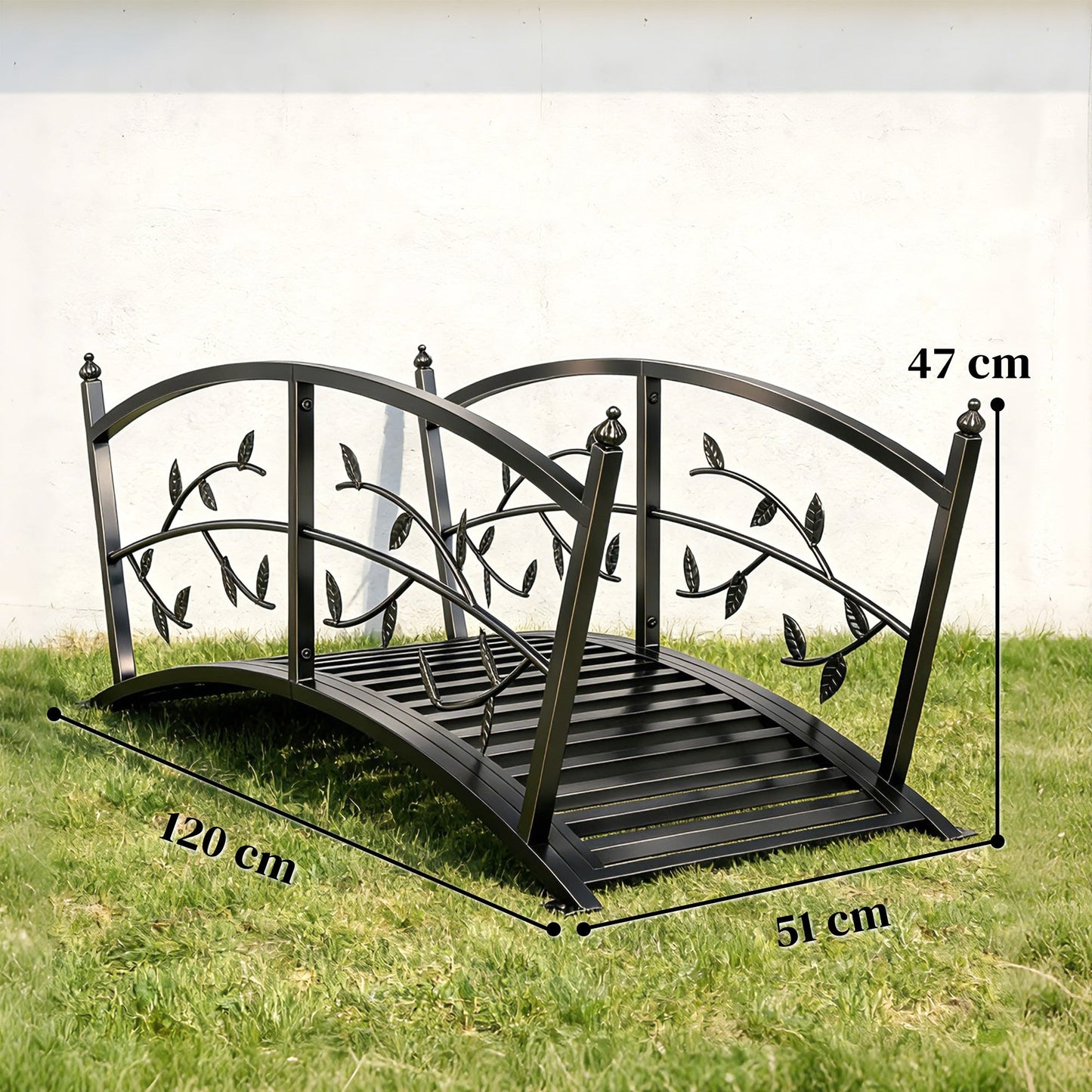1.2M Metal Garden Bridge with Safety Railings, Outdoor Pond Bridge, Arch Decorative Footbridge for Garden, Creek Stream, Easy Assembly & Stable Construction, Black