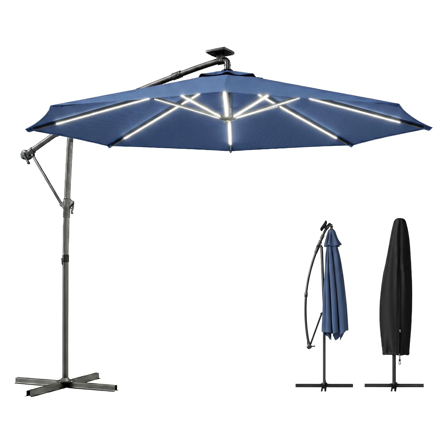 3 m Garden Cantilever Parasol with LED Solar Light, Round Overhanging Umbrella with 6-Position 360° Rotation, Crank Handle, Tilt, Cover, Banana Patio Umbrella for Outdoor Sun Shade, Navy Blue