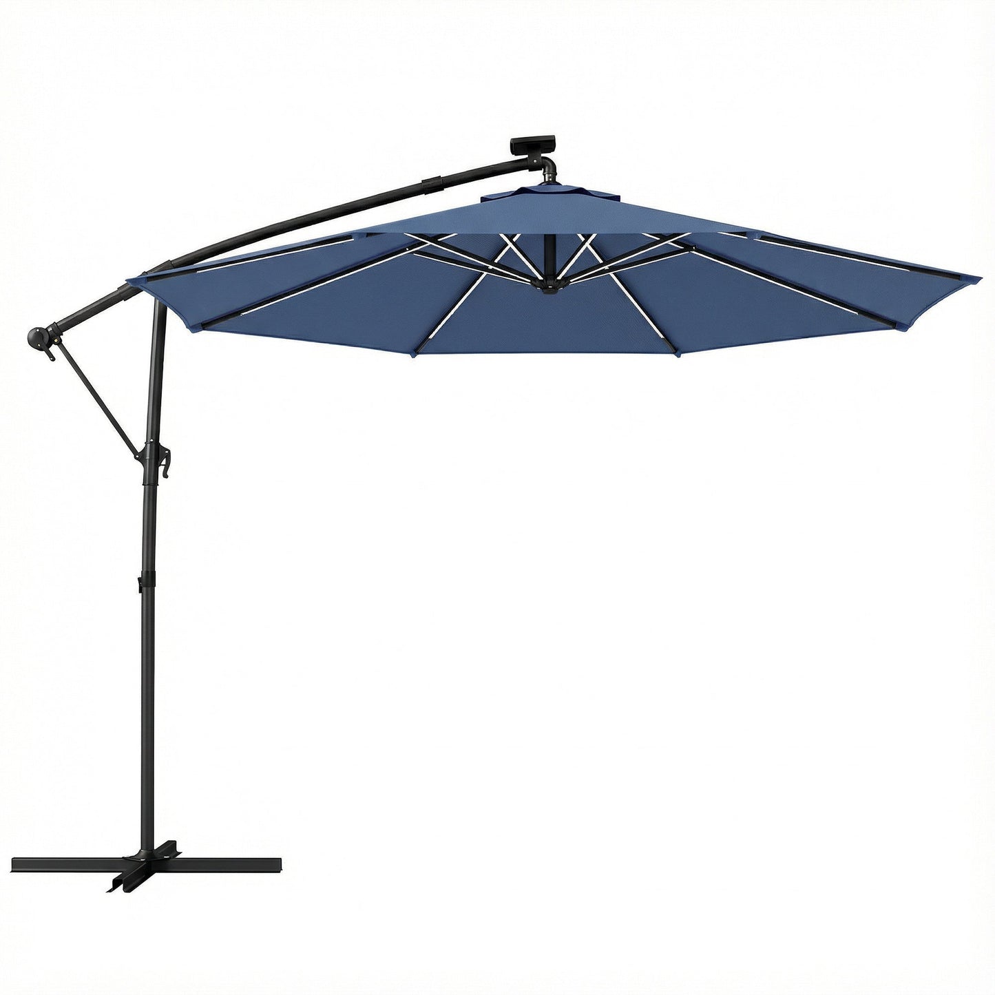 3 m Garden Cantilever Parasol with LED Solar Light, Round Overhanging Umbrella with 6-Position 360° Rotation, Crank Handle, Tilt, Cover, Banana Patio Umbrella for Outdoor Sun Shade, Navy Blue