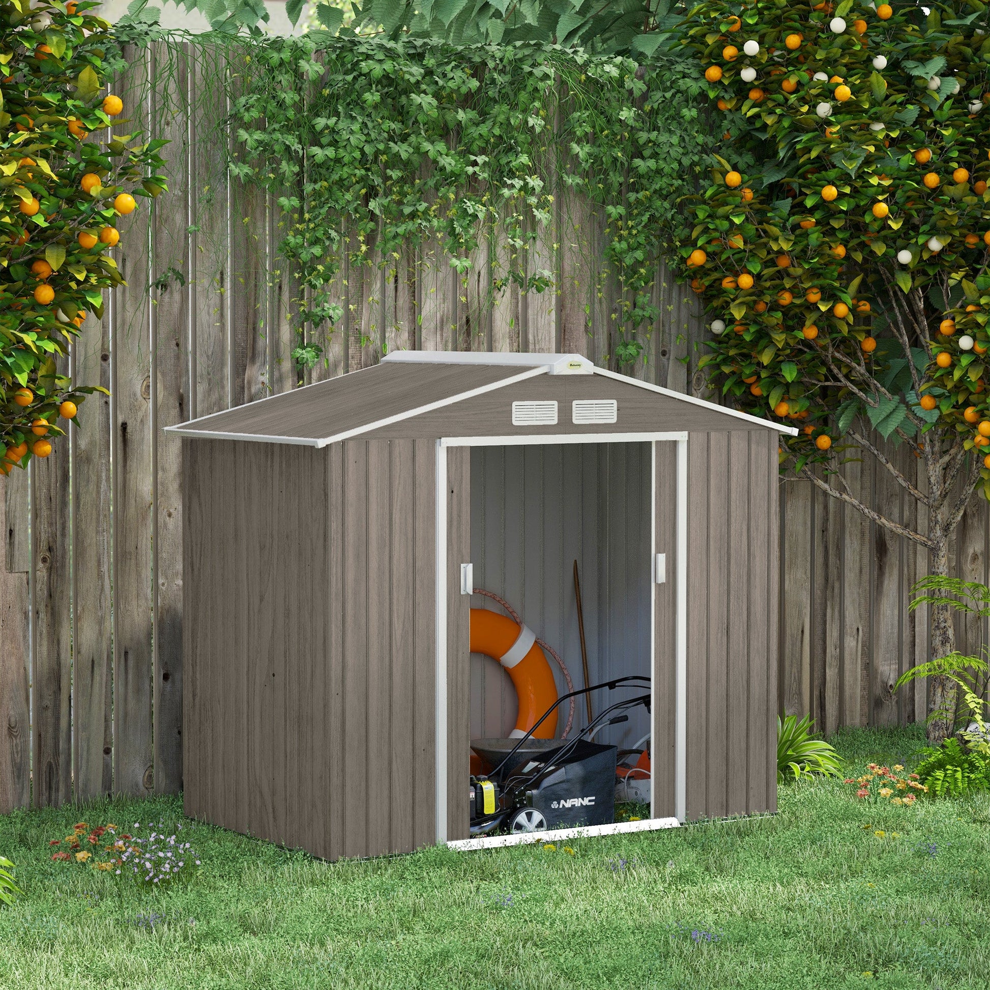 7 x 4ft Metal Garden Shed, Outdoor Storage Tool House with Ventilation Slots, Foundation Kit and Lockable Double Doors, Light Brown