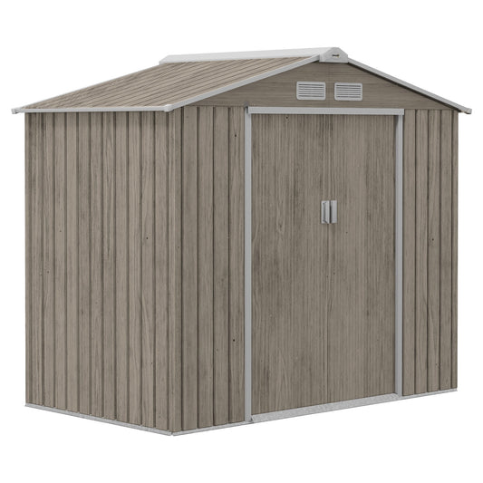 7 x 4ft Metal Garden Shed, Outdoor Storage Tool House with Ventilation Slots, Foundation Kit and Lockable Double Doors, Light Brown