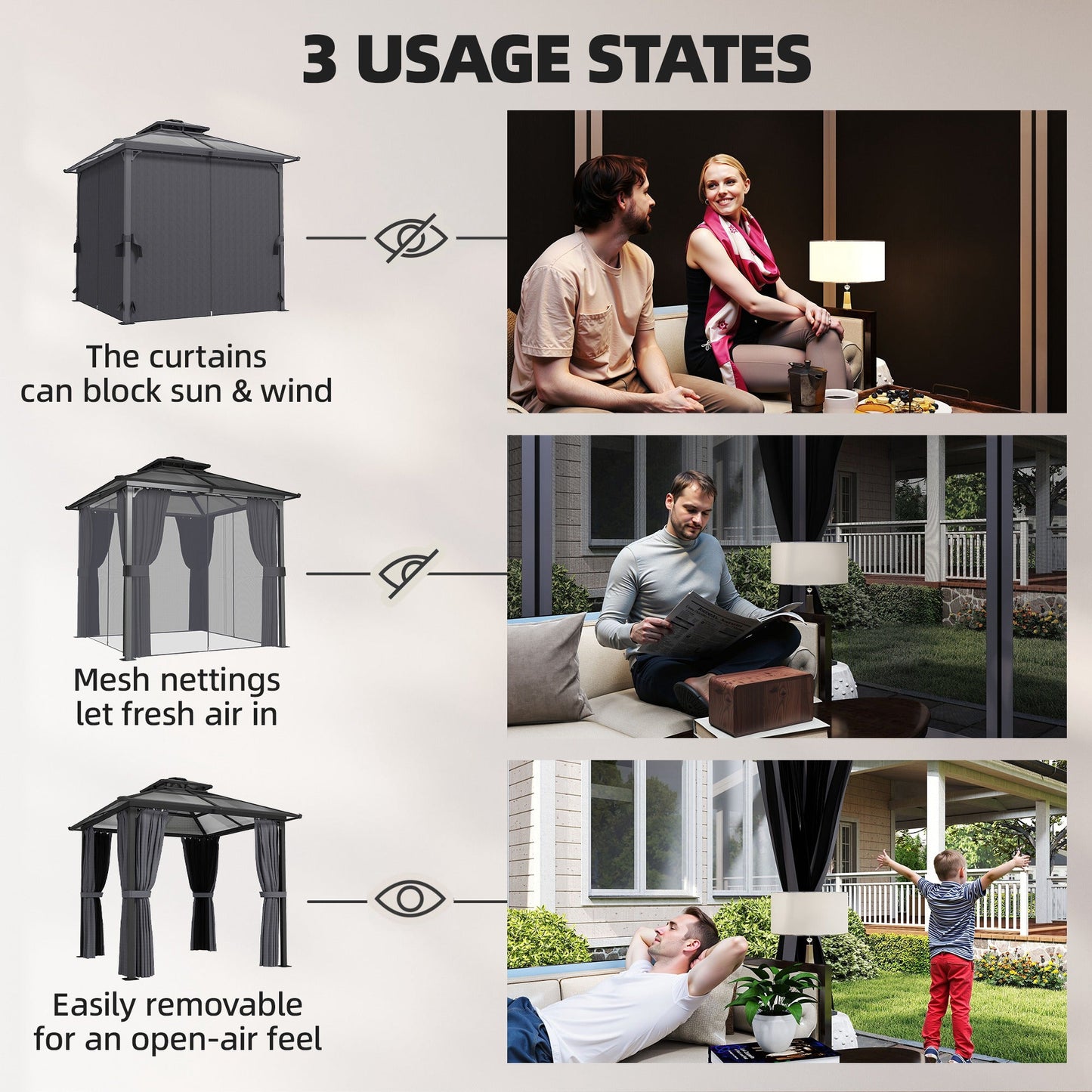 2.5 x 2.5 m Outdoor Hardtop Gazebo Canopy with Double Polycarbonate Roof, Metal Frame Garden Permanent Pavilion with Mosquito Netting and Curtains, Drainage Gutters, Ceiling Hook, Dark Grey