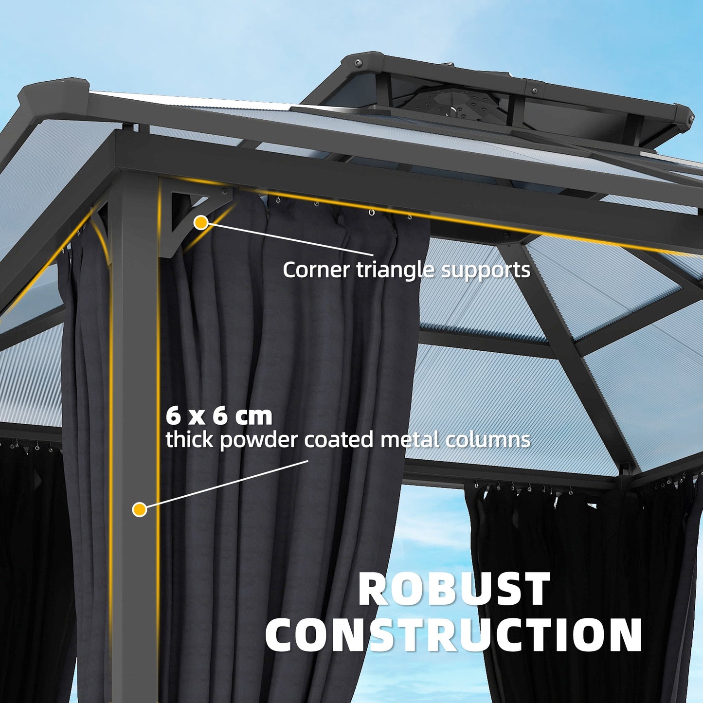2.5 x 2.5 m Outdoor Hardtop Gazebo Canopy with Double Polycarbonate Roof, Metal Frame Garden Permanent Pavilion with Mosquito Netting and Curtains, Drainage Gutters, Ceiling Hook, Dark Grey