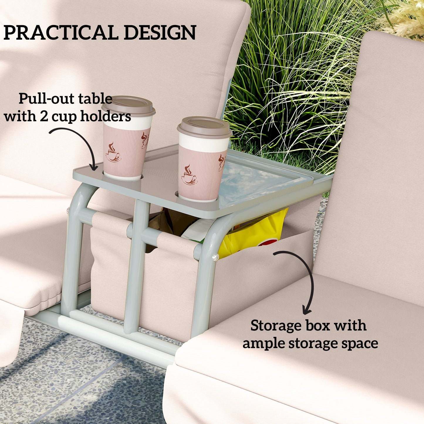 2 Seater Garden Swing Chair Patio Rocking Bench w/ Tilting Canopy, Double Padded Seats, Storage Bag and Tray, Beige