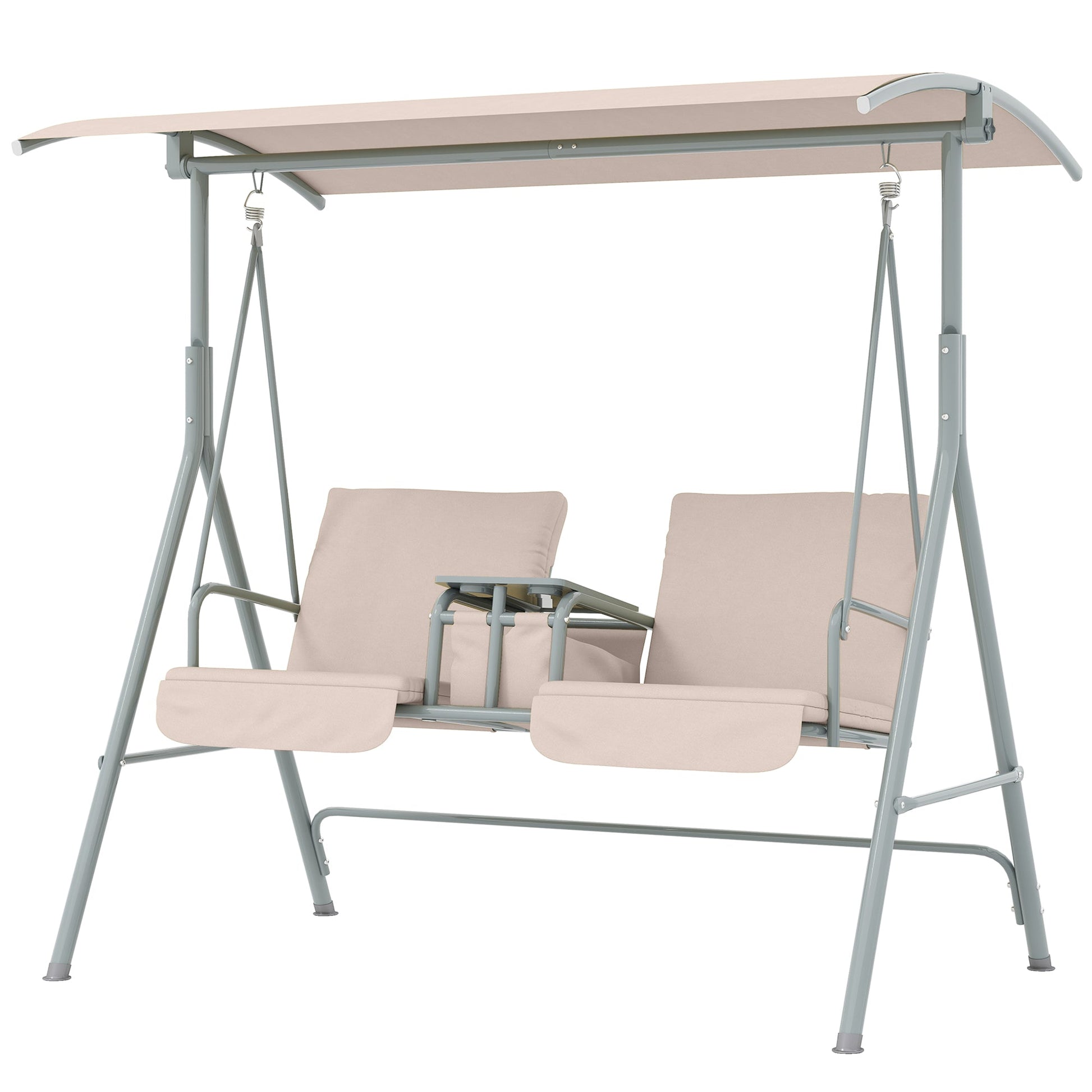 2 Seater Garden Swing Chair Patio Rocking Bench w/ Tilting Canopy, Double Padded Seats, Storage Bag and Tray, Beige