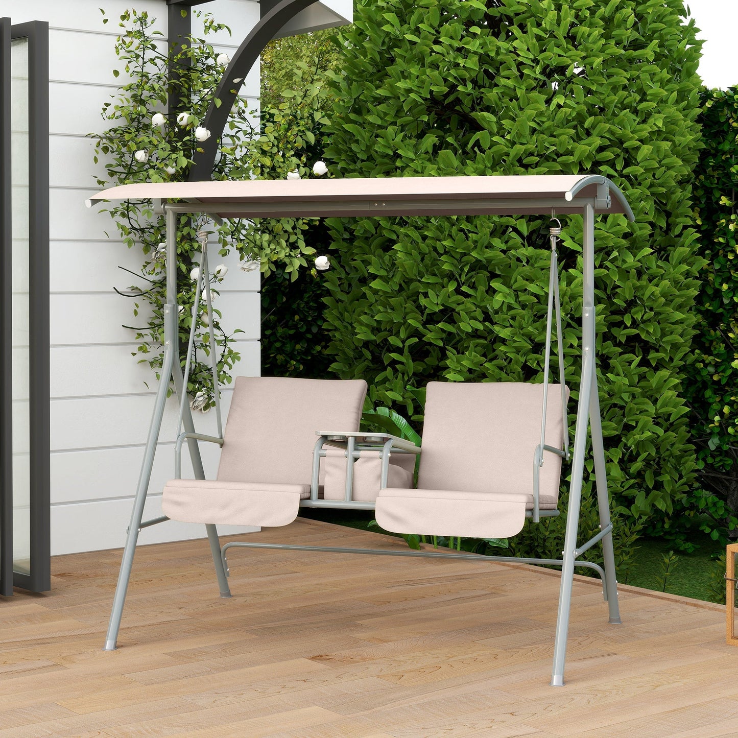 2 Seater Garden Swing Chair Patio Rocking Bench w/ Tilting Canopy, Double Padded Seats, Storage Bag and Tray, Beige