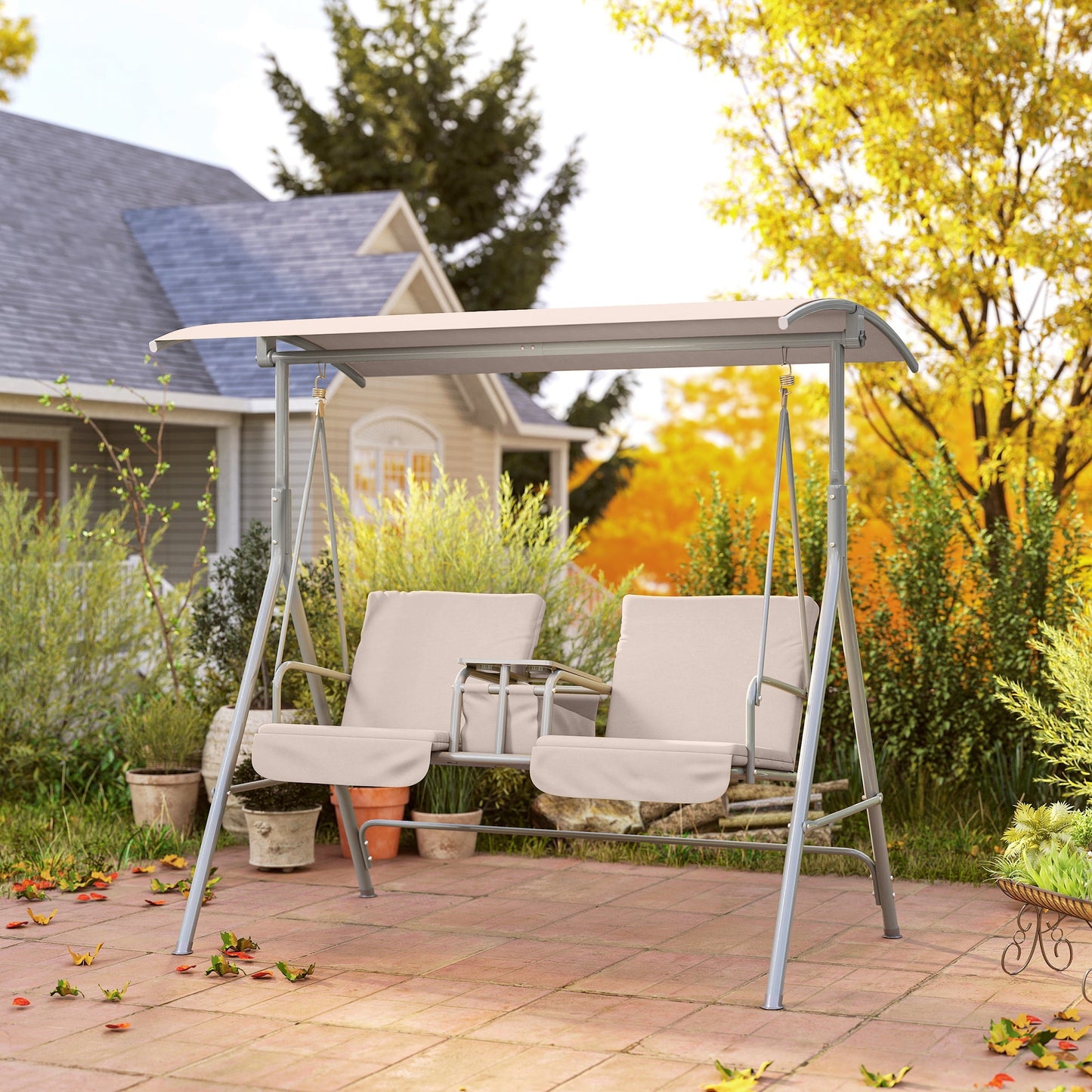 2 Seater Garden Swing Chair Patio Rocking Bench w/ Tilting Canopy, Double Padded Seats, Storage Bag and Tray, Beige