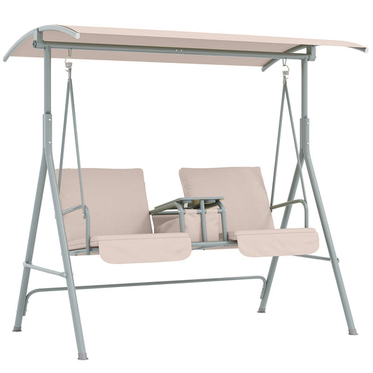 2 Seater Garden Swing Chair Patio Rocking Bench w/ Tilting Canopy, Double Padded Seats, Storage Bag and Tray, Beige