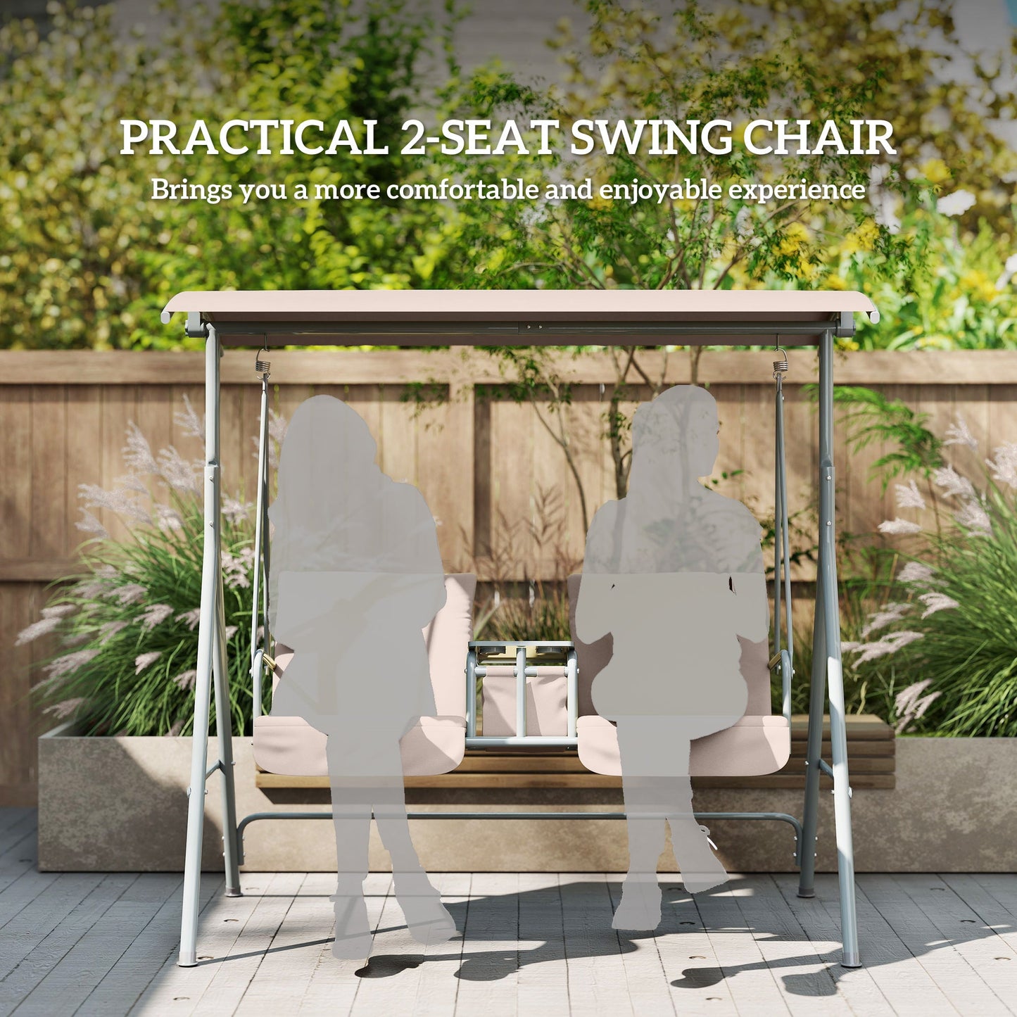 2 Seater Garden Swing Chair Patio Rocking Bench w/ Tilting Canopy, Double Padded Seats, Storage Bag and Tray, Beige